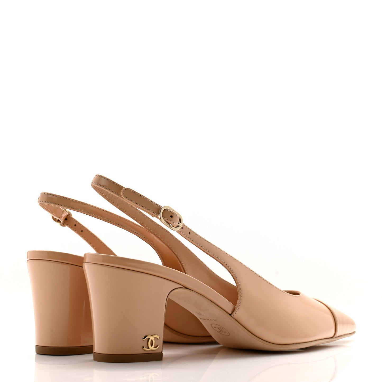 Patent Calfskin Cap Toe CC Slingback Pumps 38 Beige