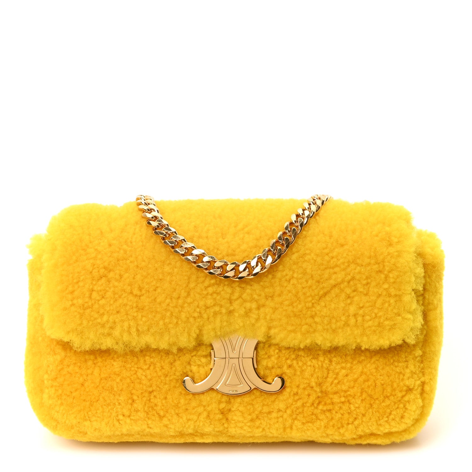 Celine Fluffy Shearling Triomphe Claude Chain Shoulder Bag Yellow