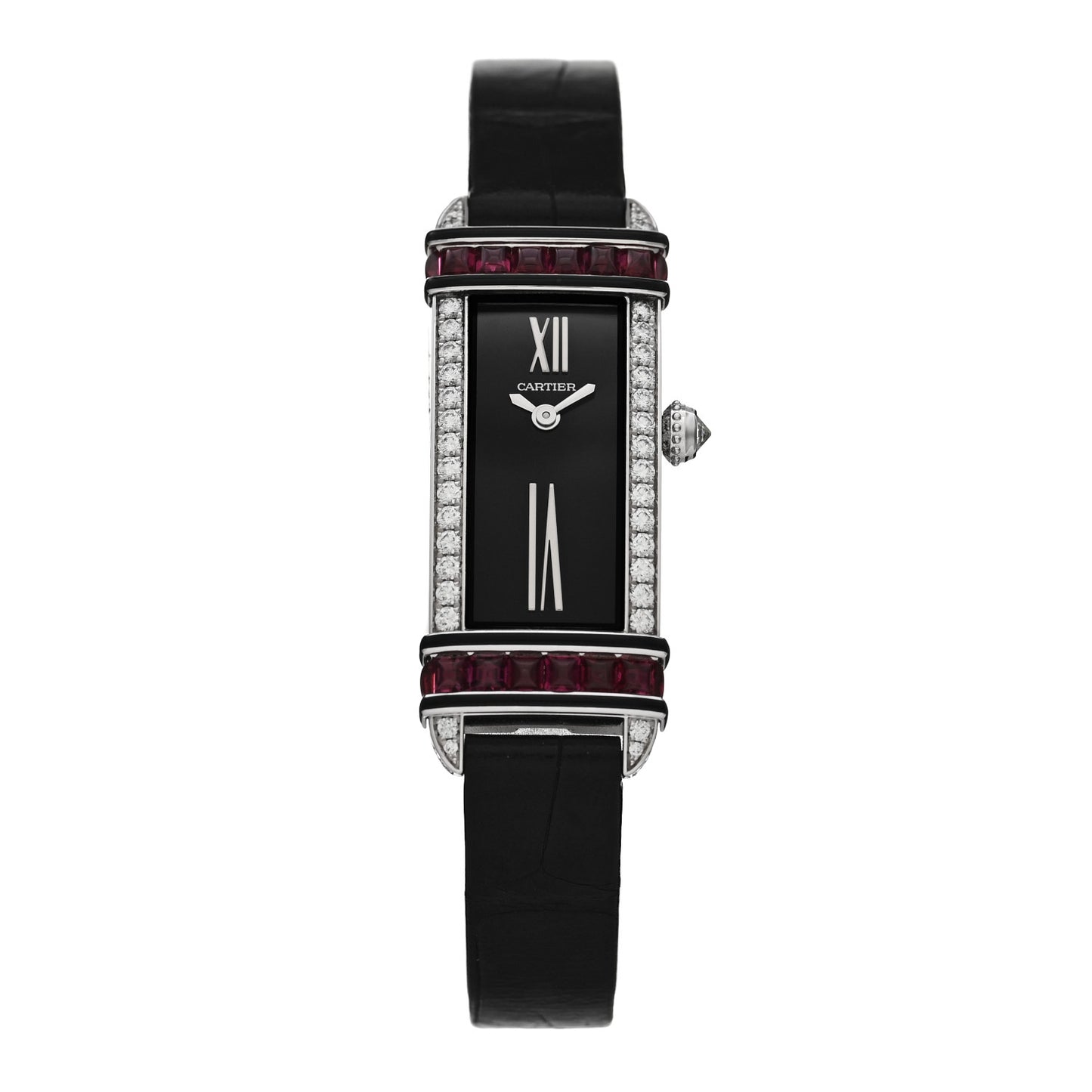 18K White Gold Alligator Diamond Ruby 15mm Tank Chinoise Quartz Watch Black
