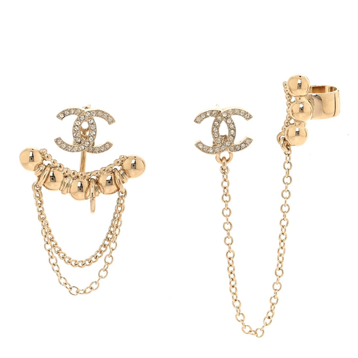 Chanel Metal Crystal CC Chain Cuff Earrings Gold 1 of 5