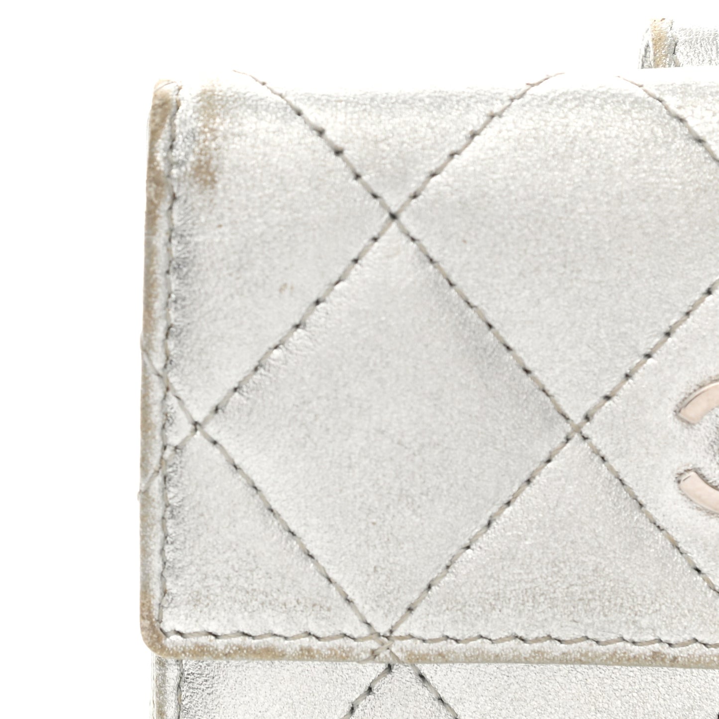 Metallic Lambskin Quilted Compact French Flap Wallet Silver