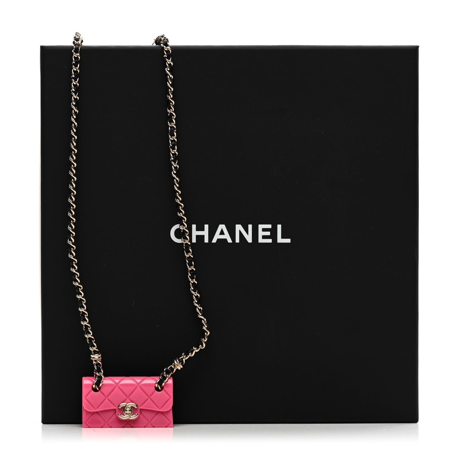 Metal Resin Calfskin Quilted CC Turnlock Chain Bag Necklace Gold Pink Gold Pink