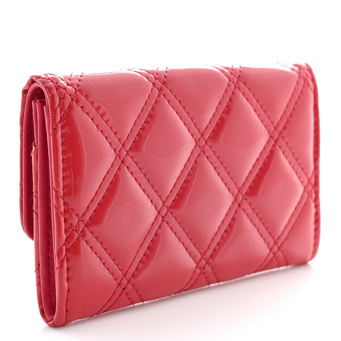 Patent Quilted Double Stitched Flap Card Holder Dark Pink