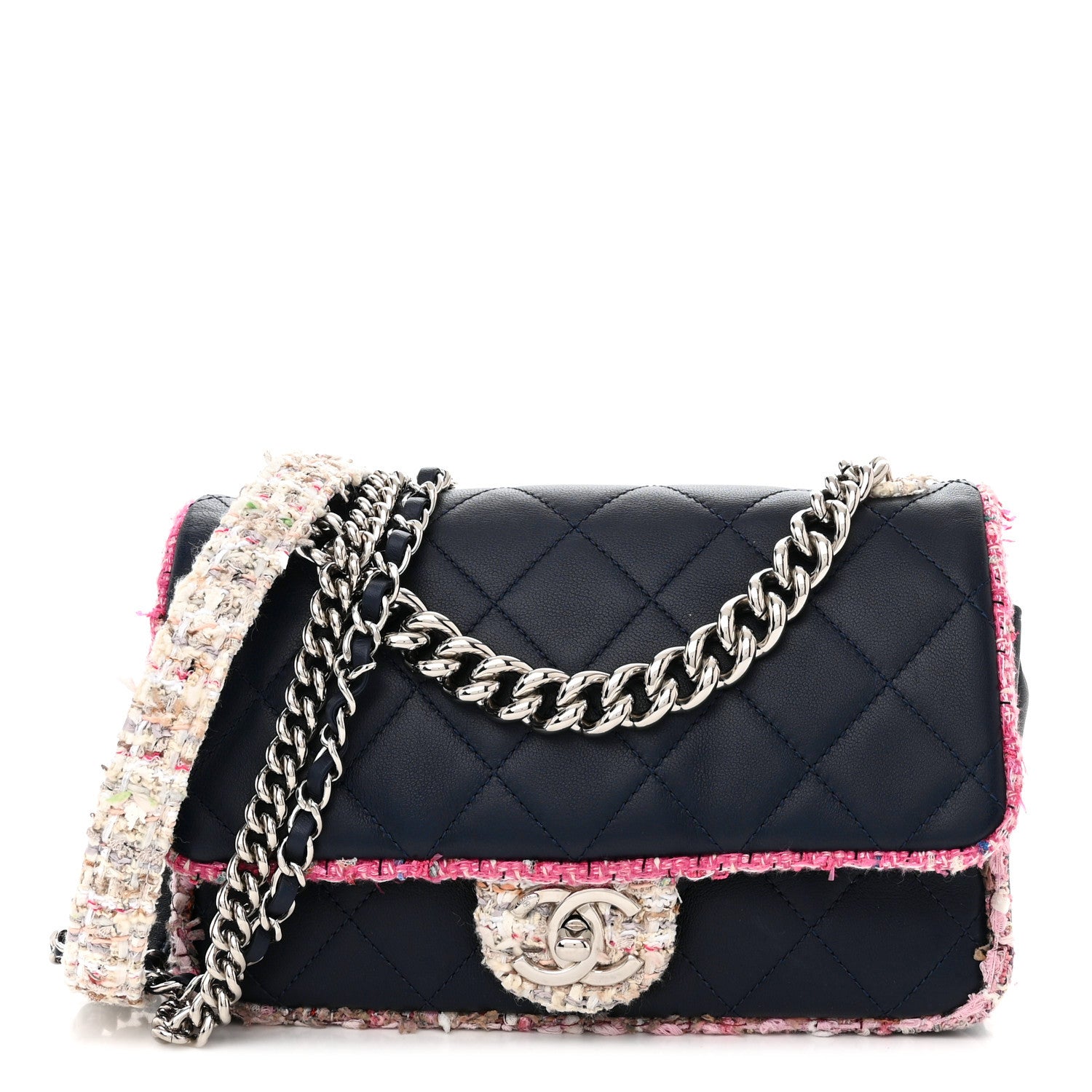 Chanel Lambskin Tweed Quilted Elegant Trim Flap Navy 1 of 10