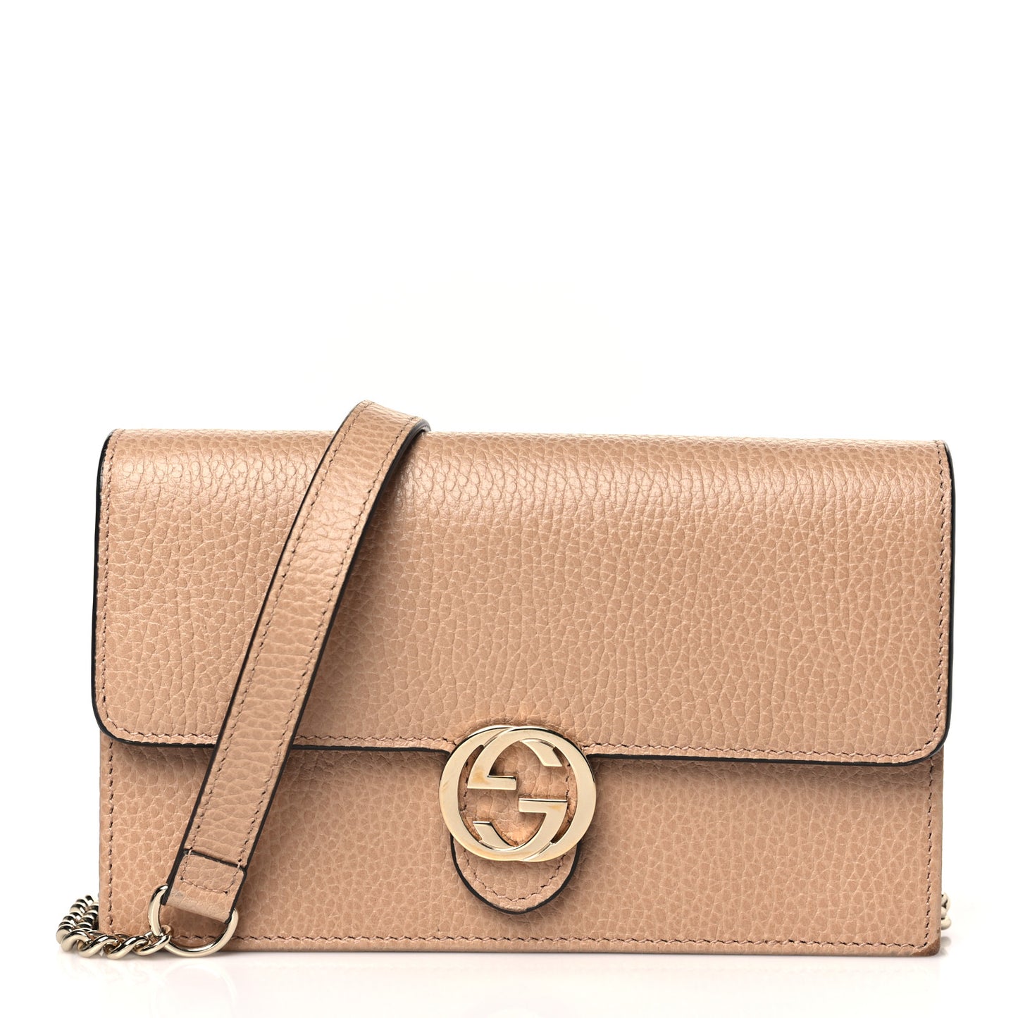 Dollar Calfskin Interlocking G Chain Wallet Camelia