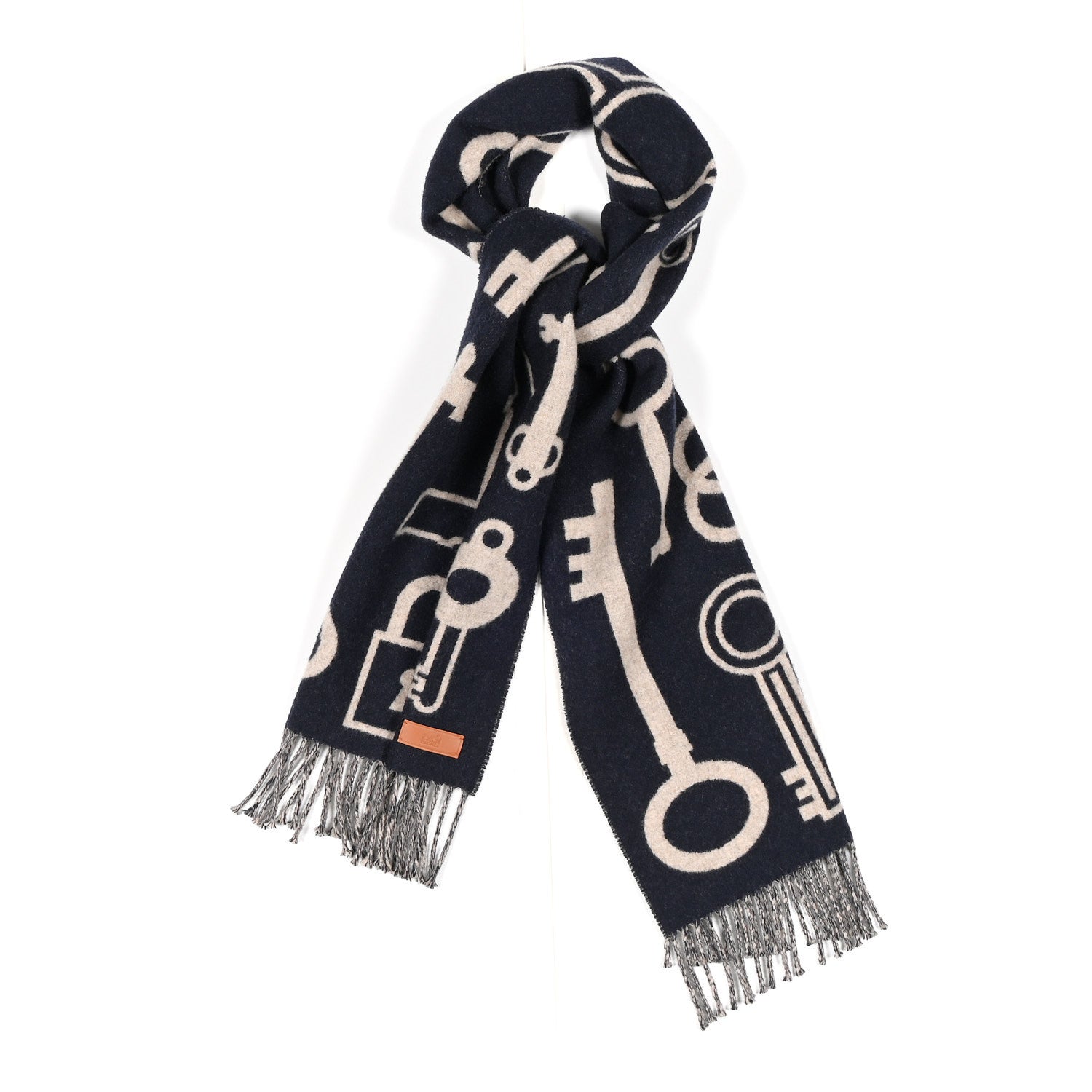 Hermes Cashmere Casaque Porte-Clefs Muffler Marine Beige Chine