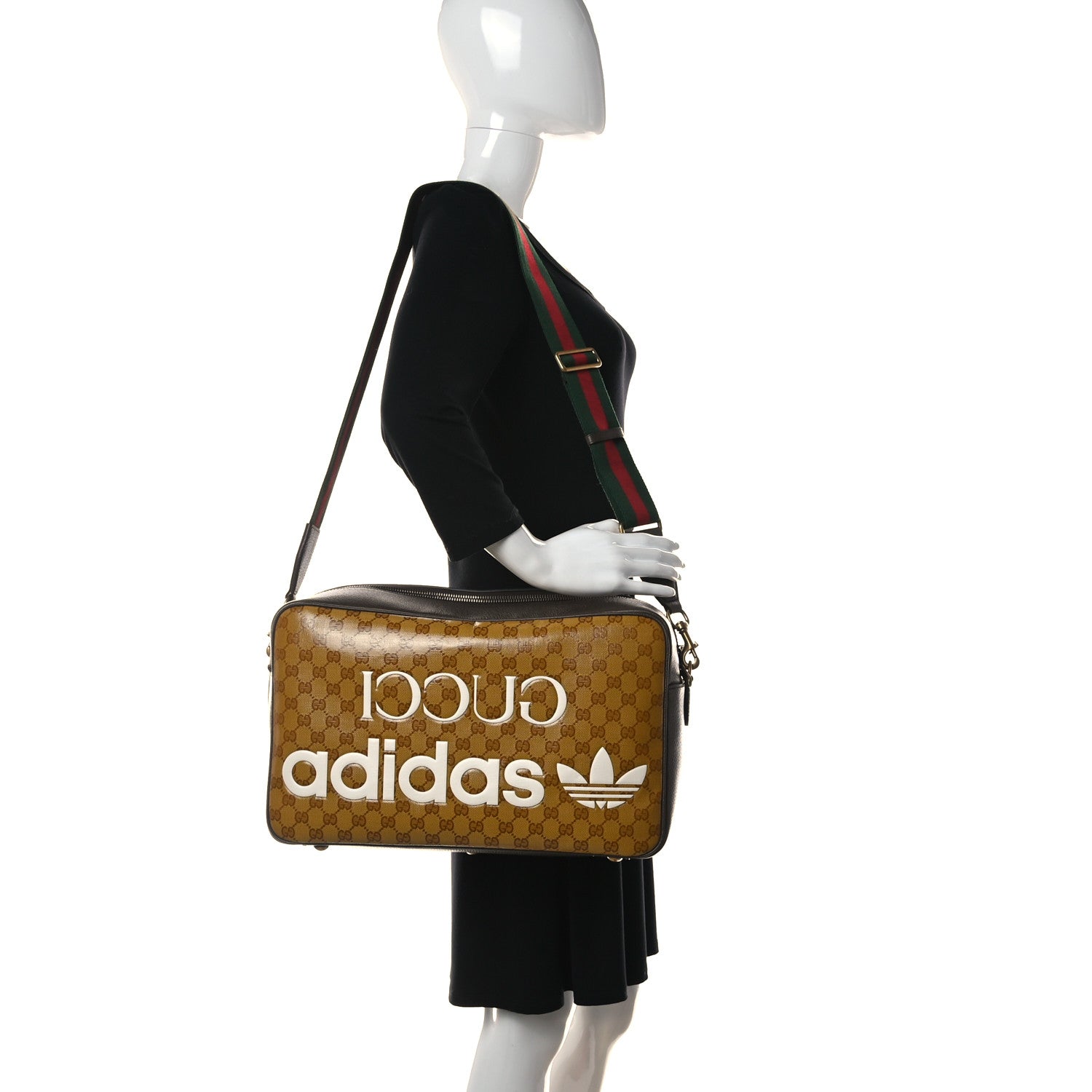 Gucci X ADIDAS Crystal Vintage Monogram Textured Dollar Calfskin Web Trefoil Logo Medium Messenger Bag Mid Natural Nut Off White New Acero 2 of 10
