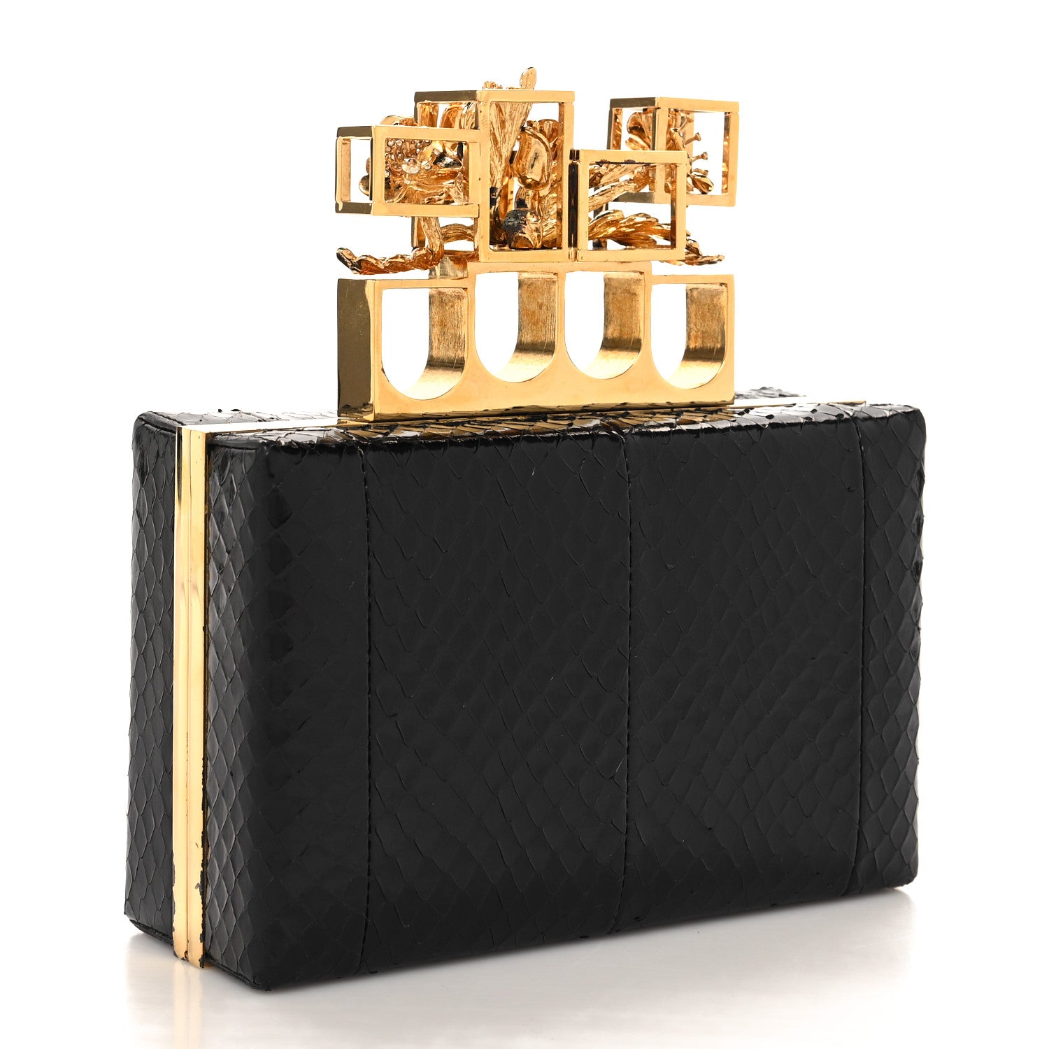 Alexander McQueen Snakeskin Poppy Cage Knuckle Box Clutch Black 3 of 13