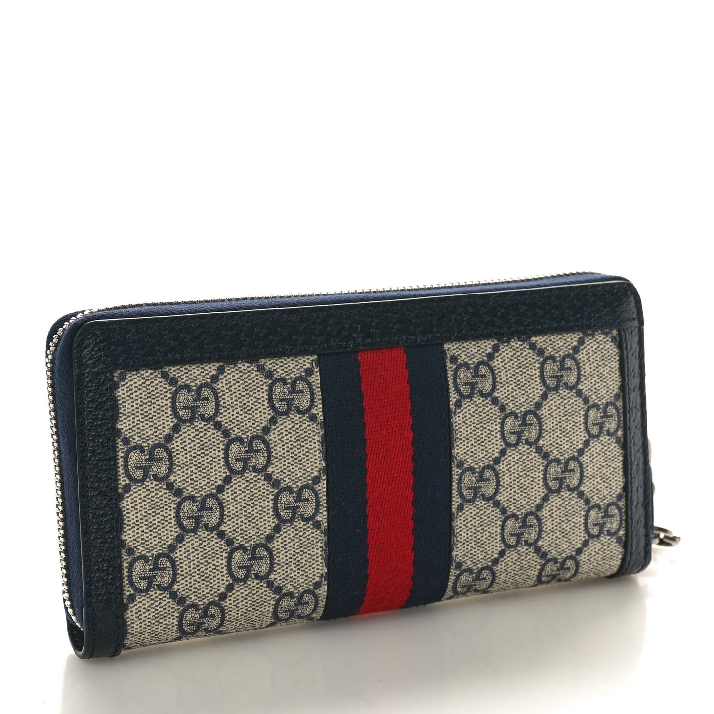 GG Supreme Monogram Textured Dollar Calfskin Web Ophidia Zip Around Wallet Beige Blue