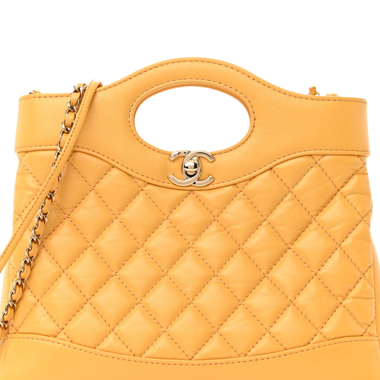 Shiny Crumpled Calfskin Quilted Mini 31 Shopping Bag Yellow