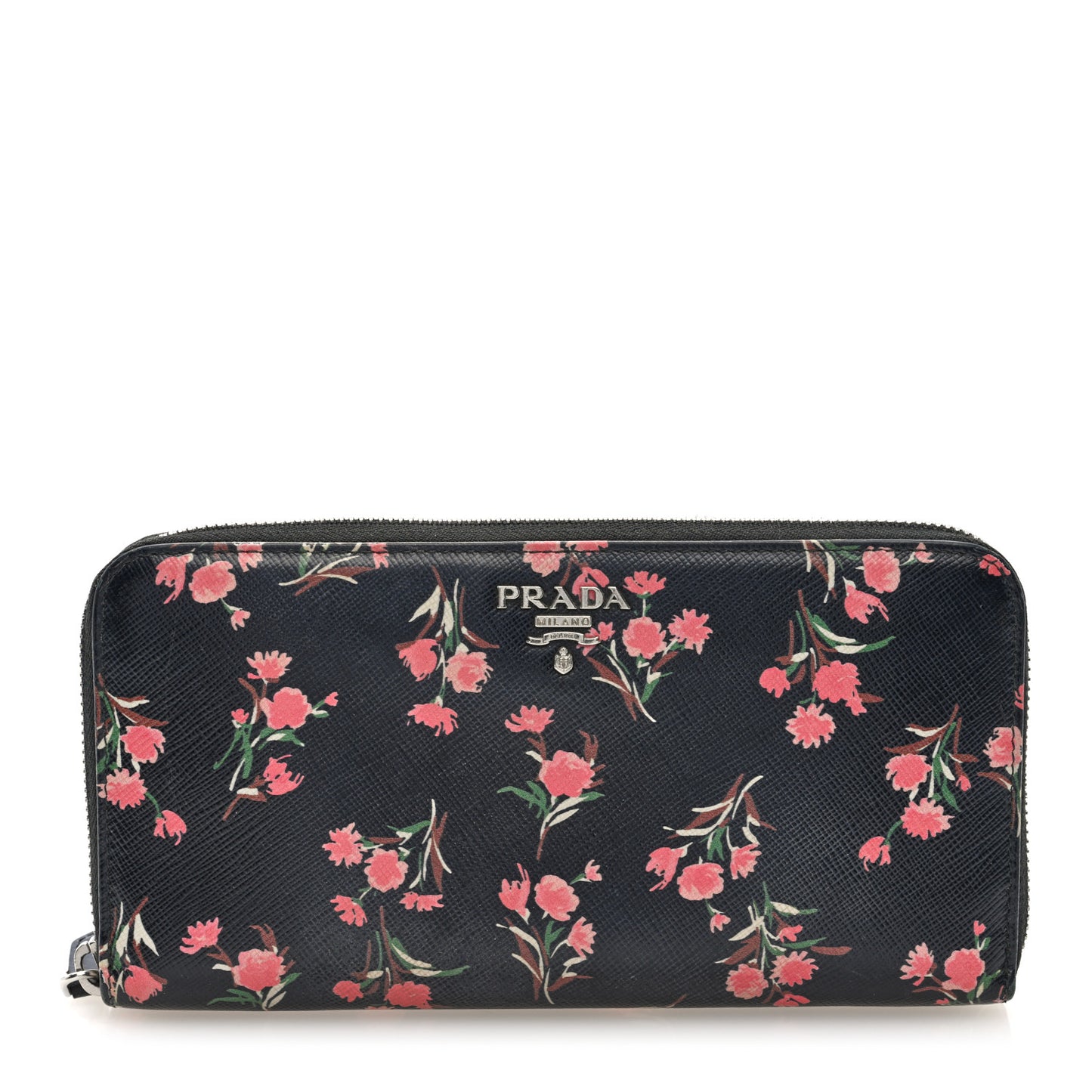 Saffiano Floral Print Zip Around Wallet Black