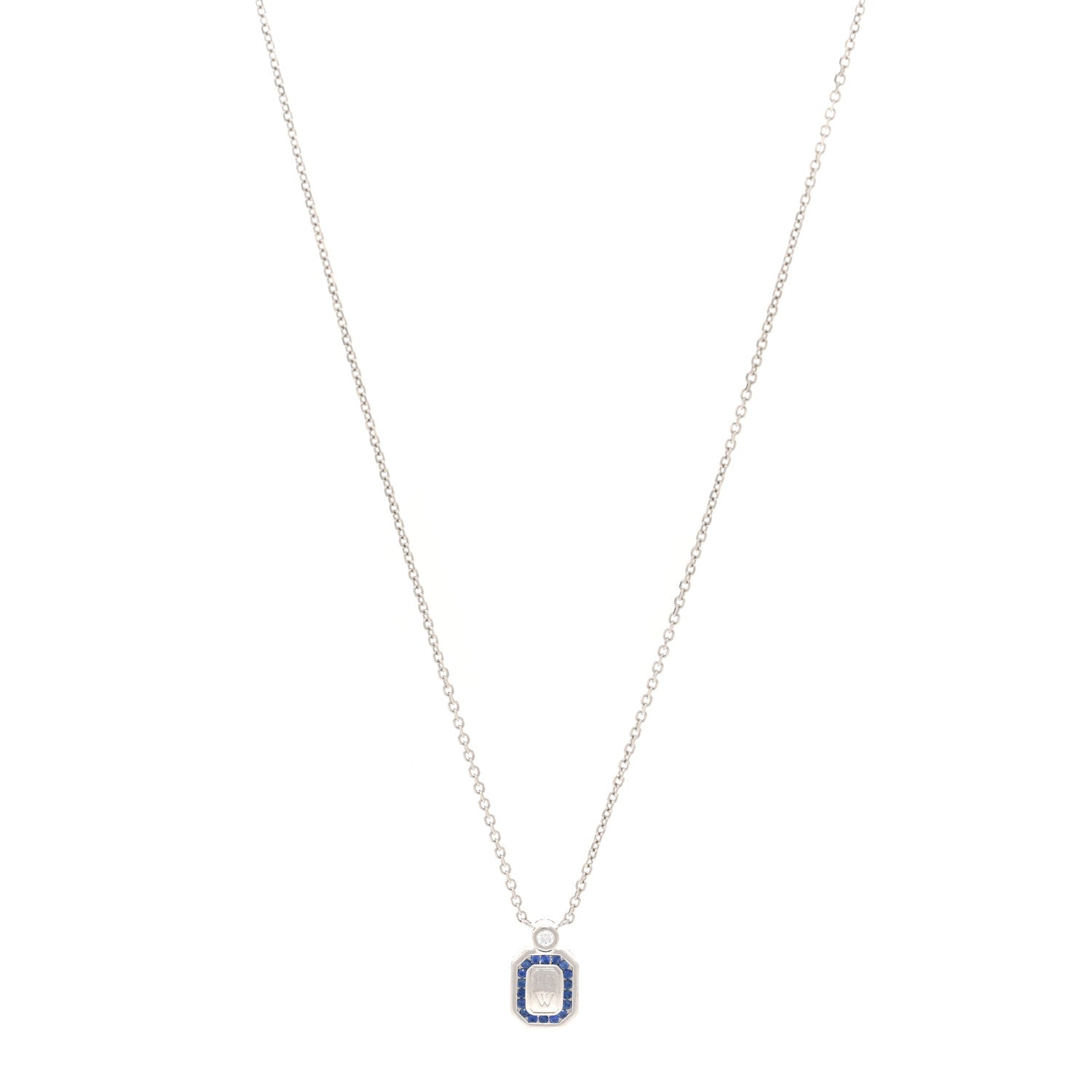 Harry Winston Platinum Diamond Blue Sapphire HW Logo Pendant Necklace 1 of 5