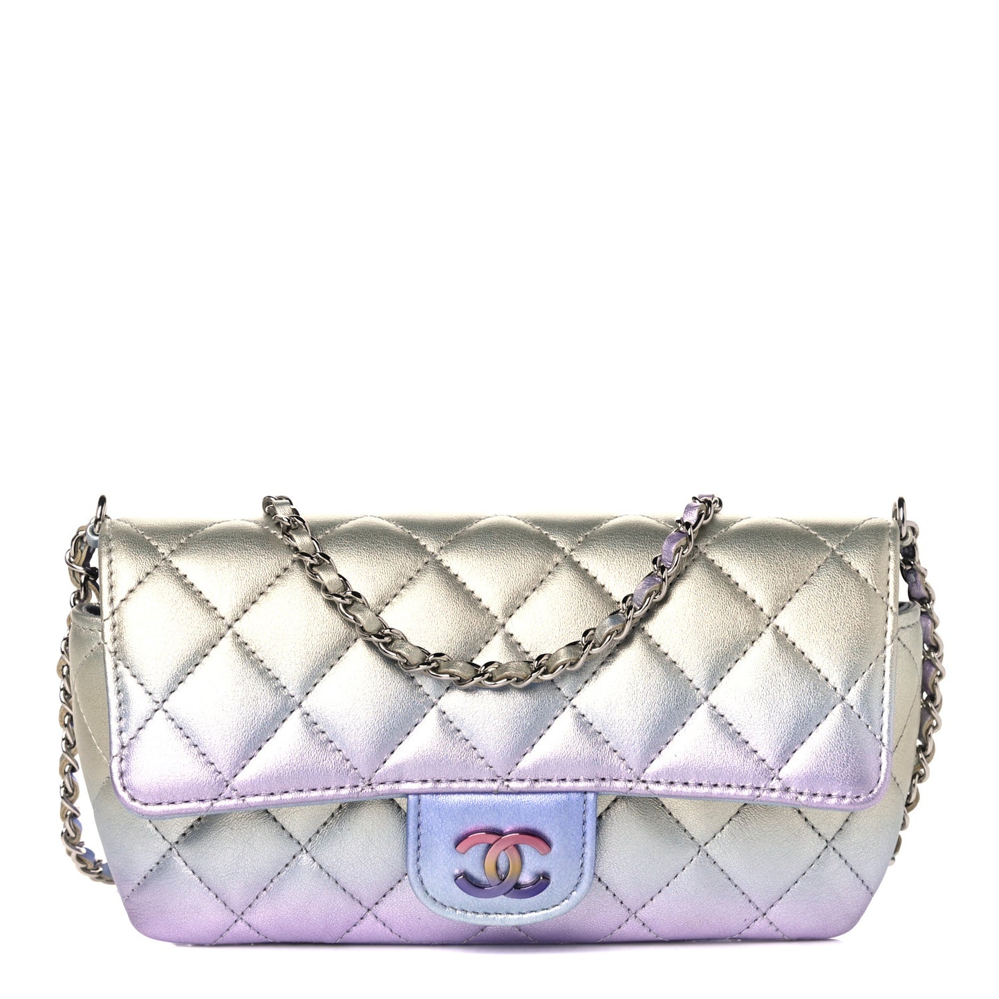 Gradient Metallic Calfskin Quilted Glasses Case With Chain Silver Blue Yellow Purple
