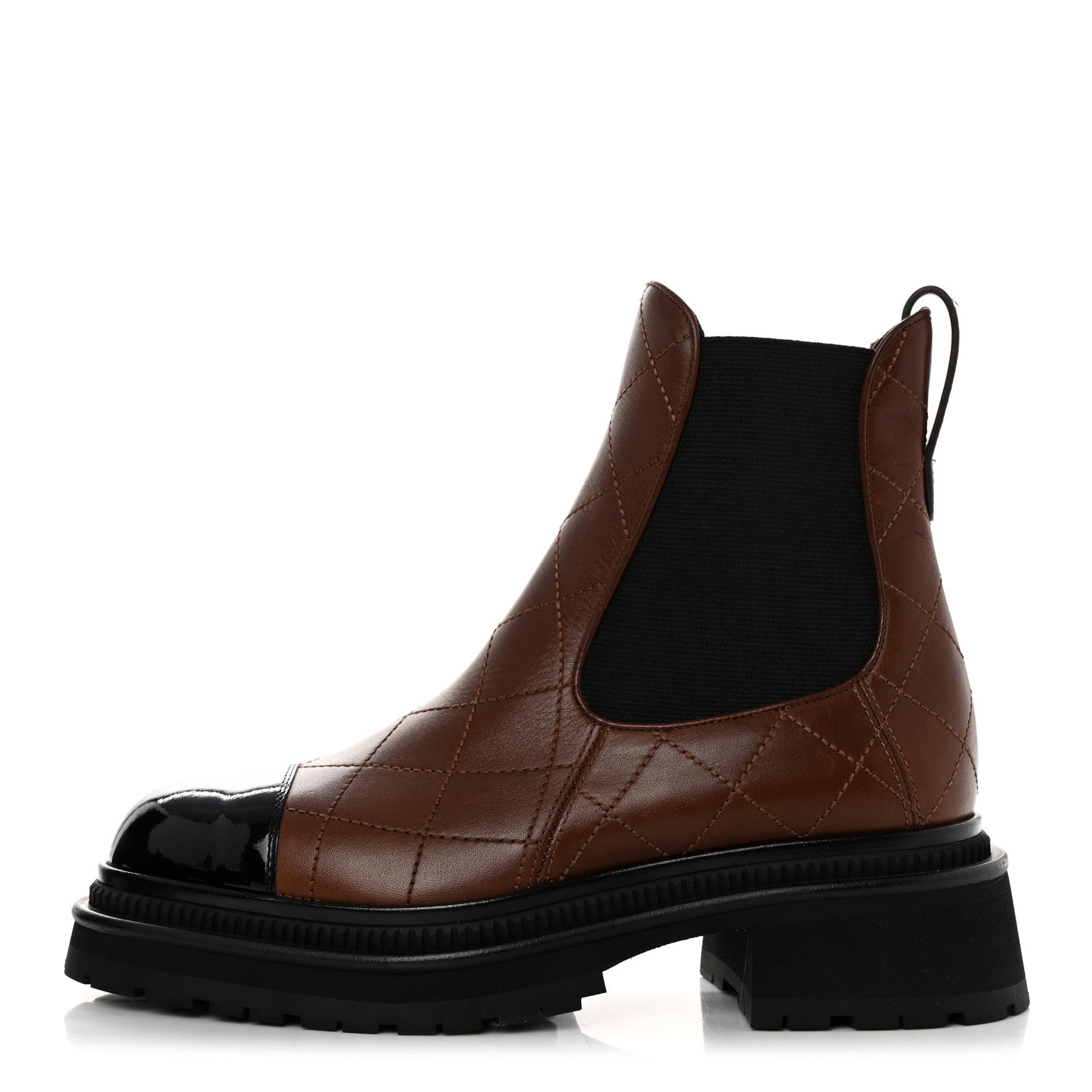 Chanel Calfskin Patent Cap Toe Quilted Short Boots 37.5 Brown