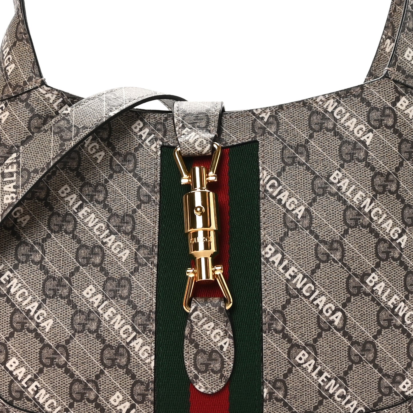 X BALENCIAGA GG Supreme Monogram Striped Logo Print Web Small Jackie 1961 Hobo Beige Ebony Mystic White