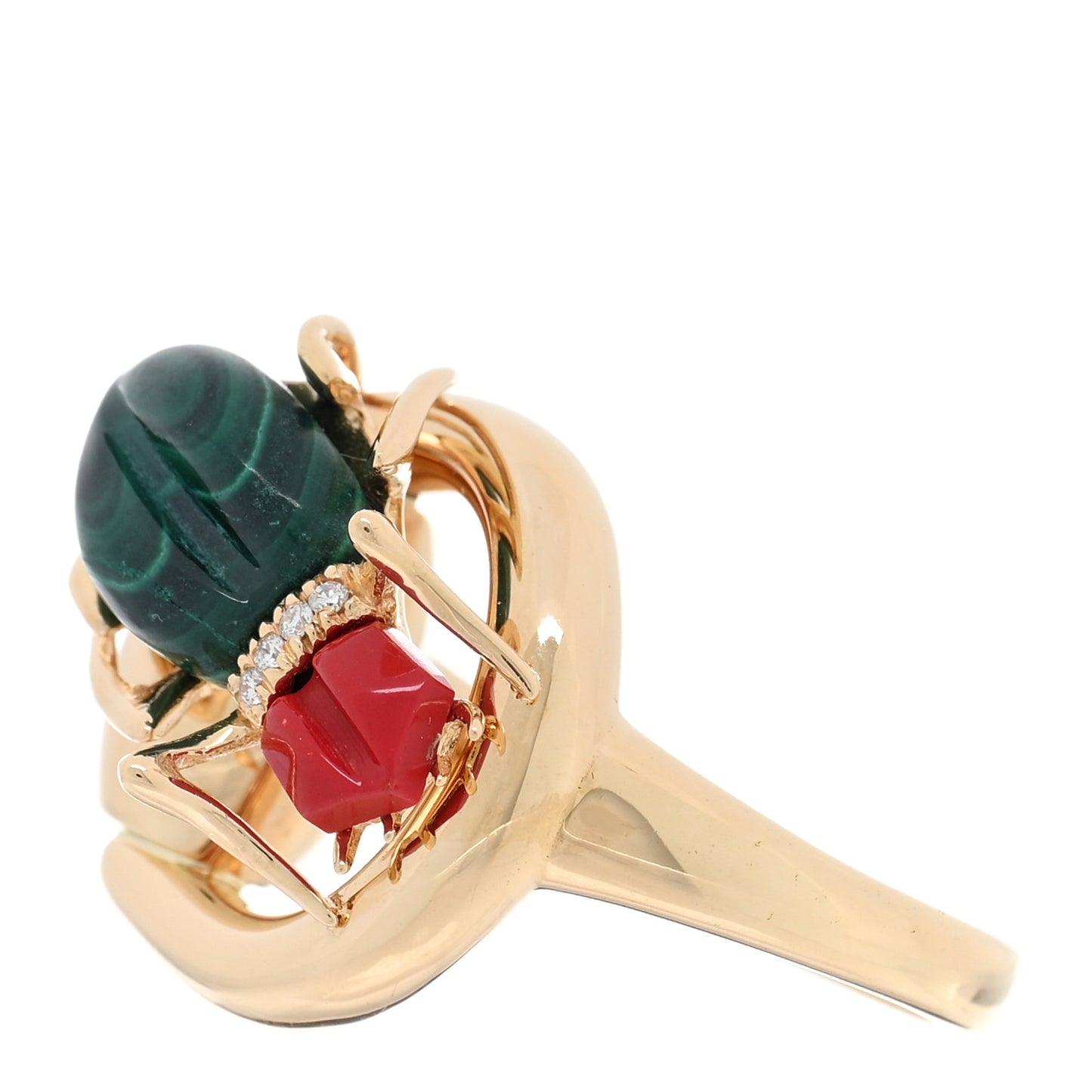 8K Yellow Gold Diamond Malachite Coral Flora Scarab Ring 53 6.25