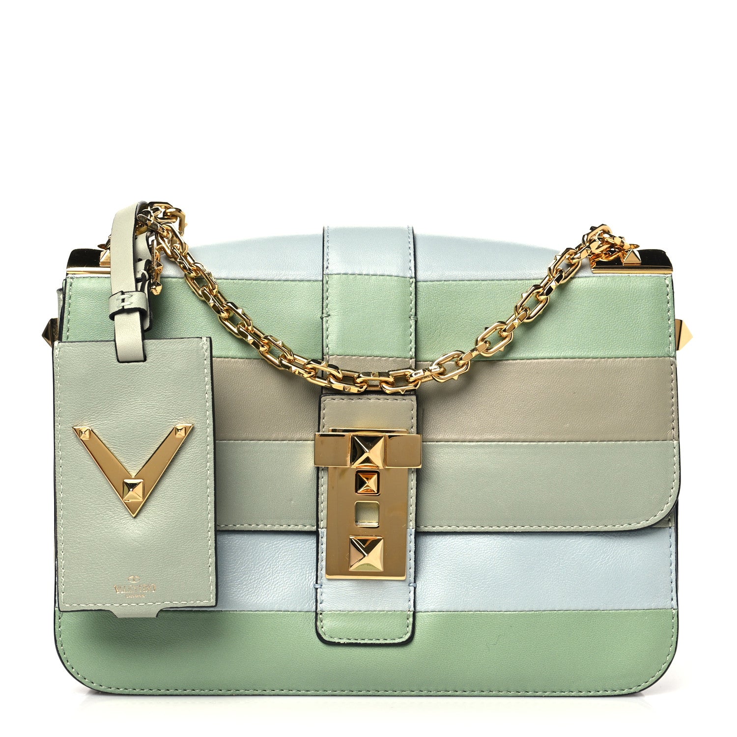 Valentino Garavani Nappa Striped B-Rockstud Flap Green 1 of 10