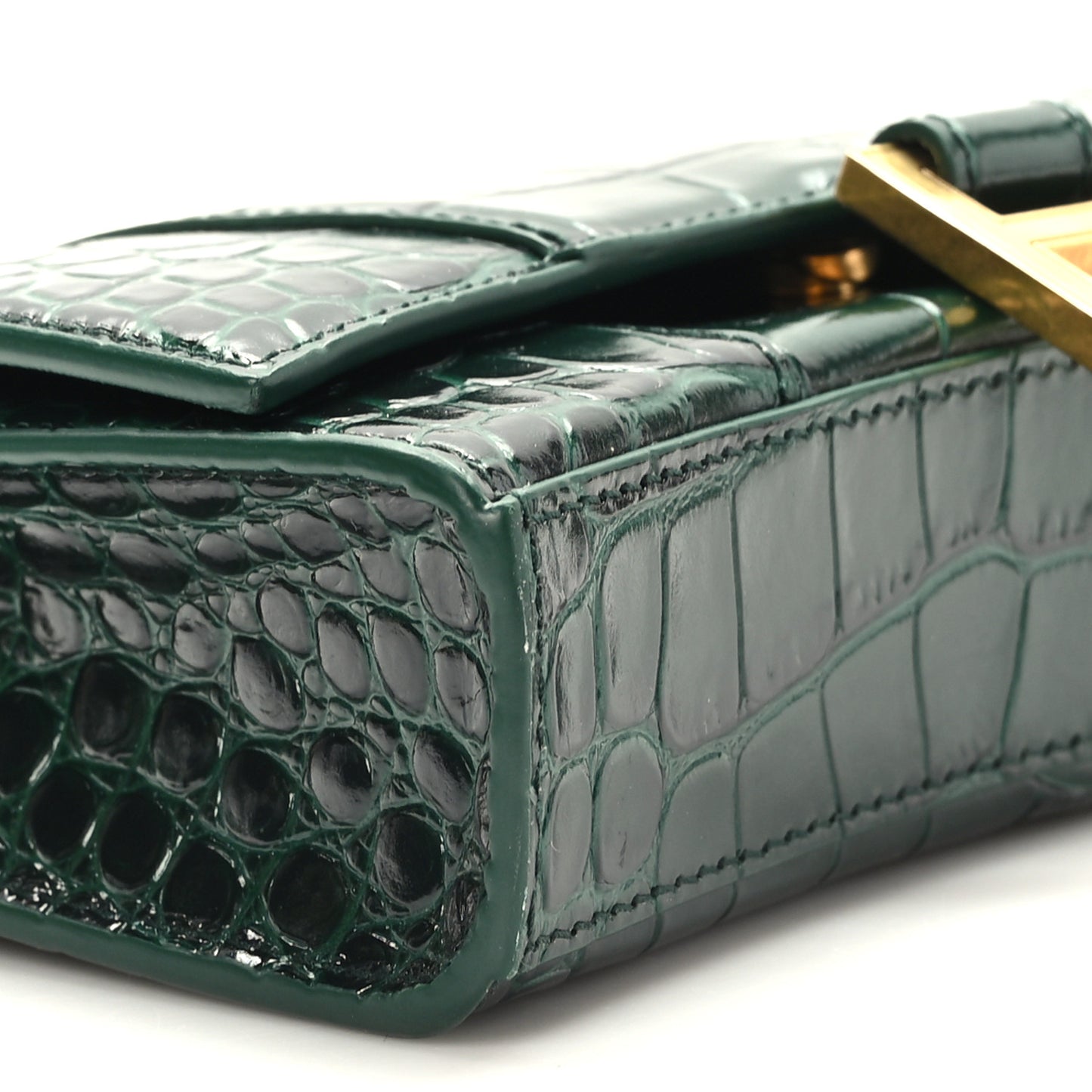 Shiny Calfskin Crocodile Embossed Hourglass Chain Bag Forest Green