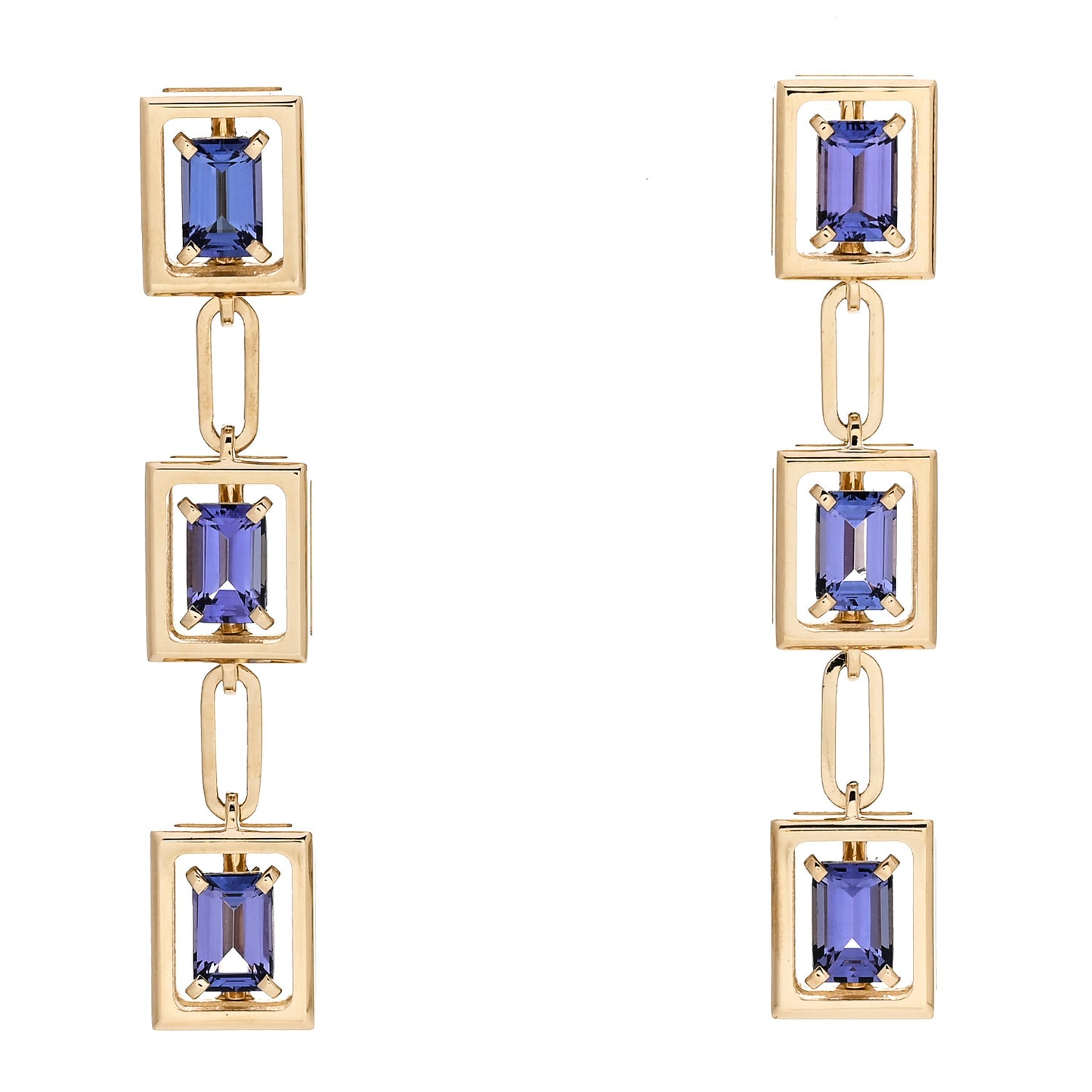18K Yellow Gold Tanzanite Jewel Box Drop Earrings