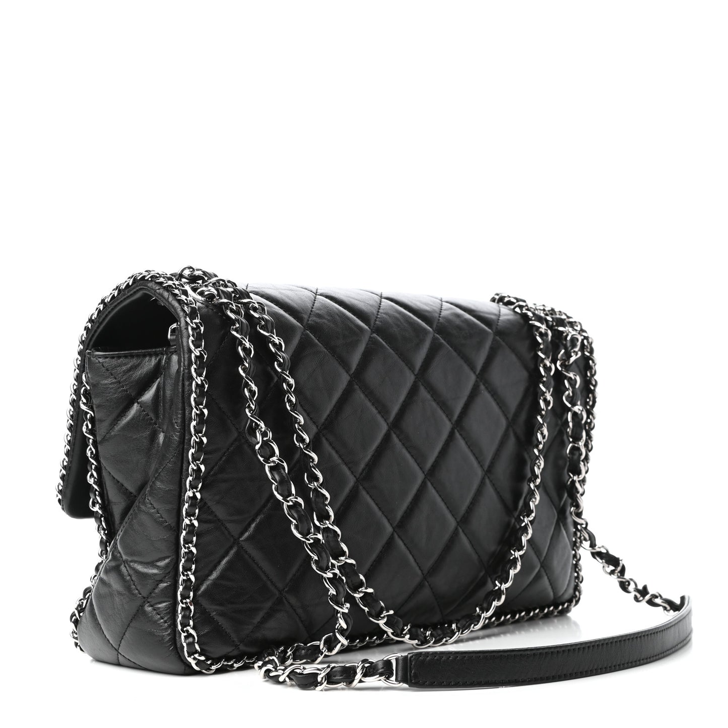 Crumpled Calfskin Quilted Large Chain All Over Flap Bag Black