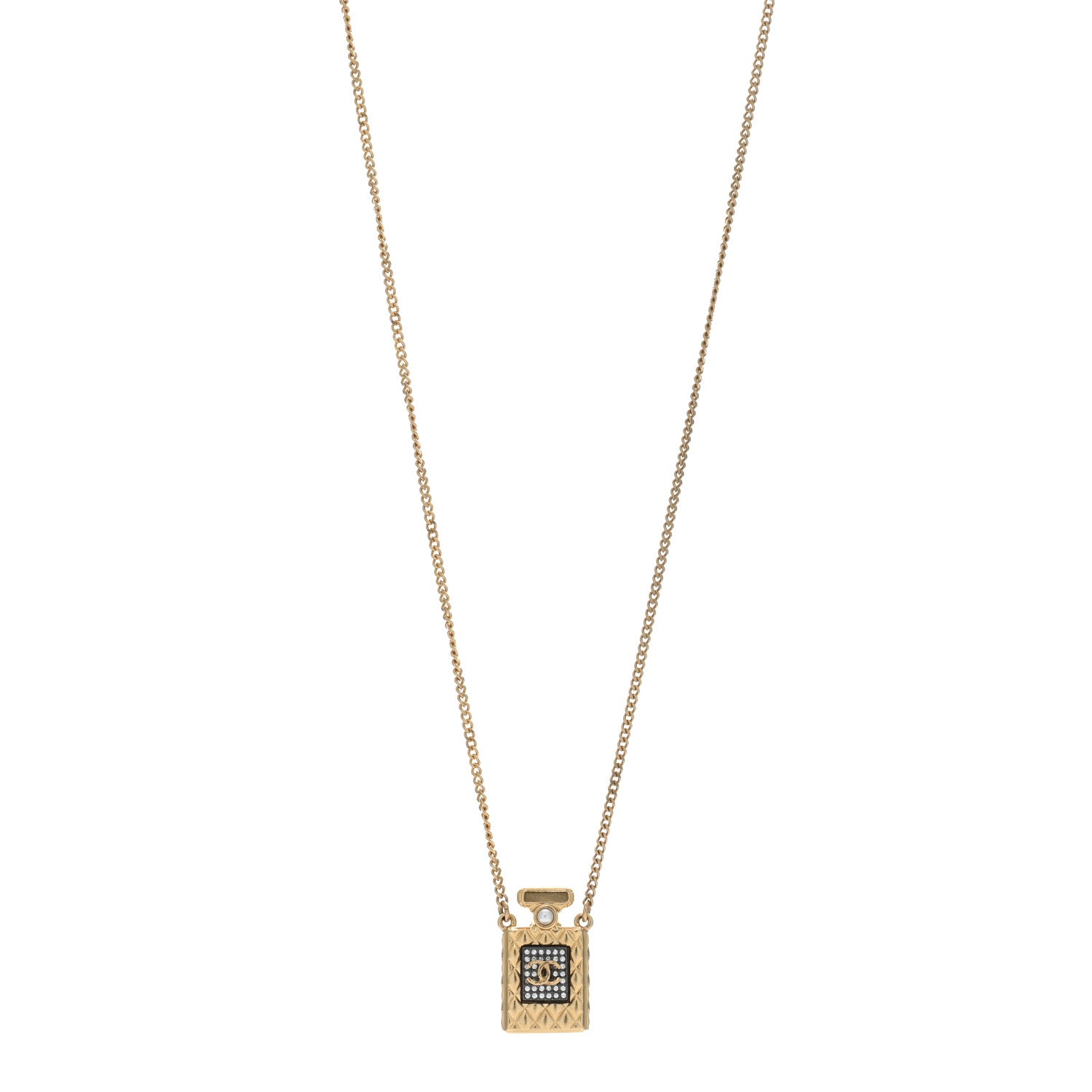 Chanel Crystal Pearl Perfume Bottle CC Necklace Black Gold 1 of 4
