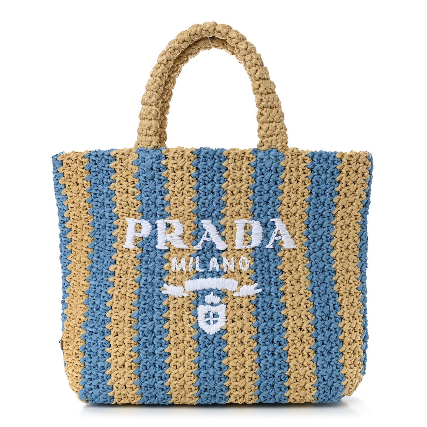 Yarn Raffia Effect Crochet Striped Small Logo Tote Naturale Celeste