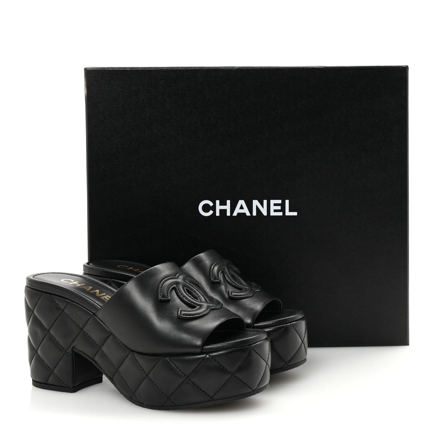 Lambskin Quilted CC Platform Mules 36 Black