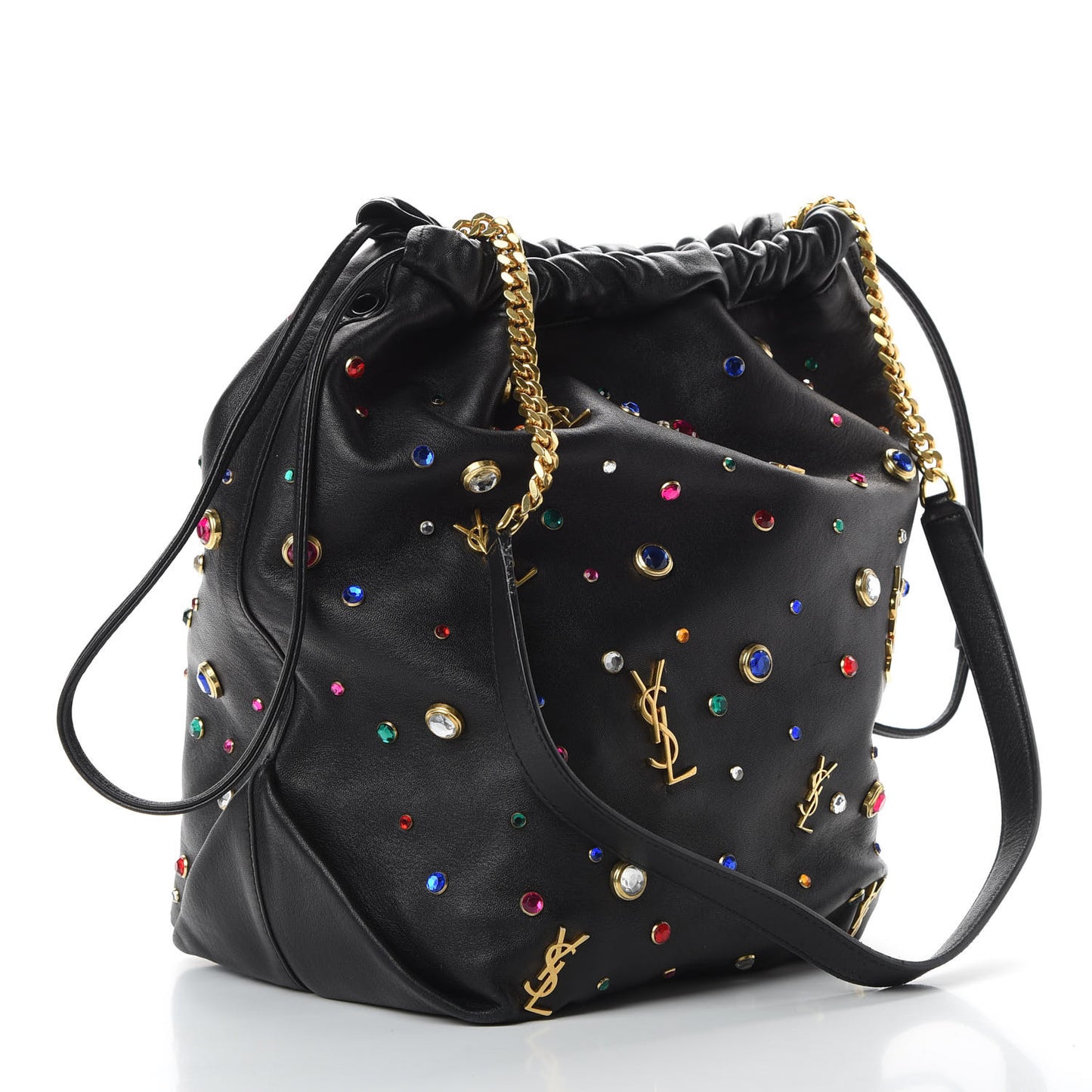 Lambskin Charm Studded Teddy Drawstring Bag Black