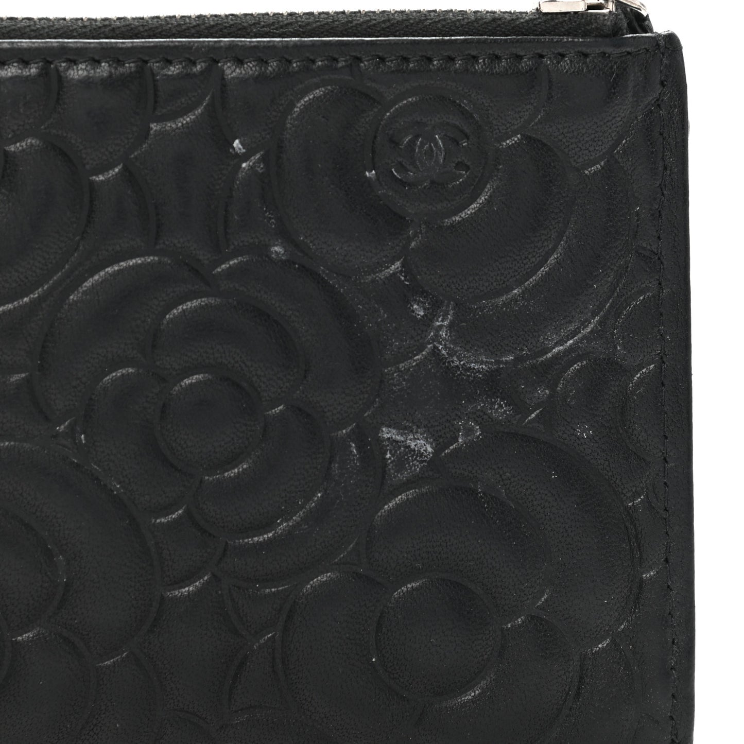 Goatskin Camellia Embossed Zip Pouch Black