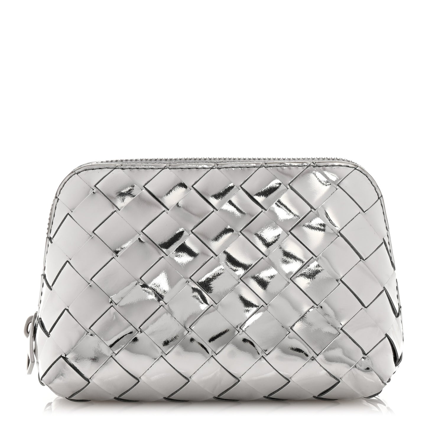 Mirror Laminated Nappa Intrecciato Beauty Pouch Silver