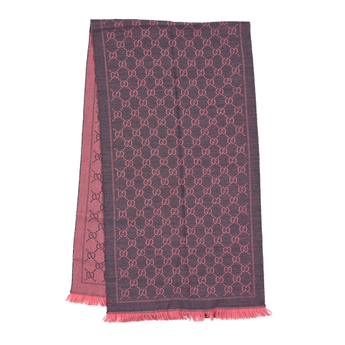 Wool Jacquard GG Monogram Sten Fringe Scarf Graphite Pink