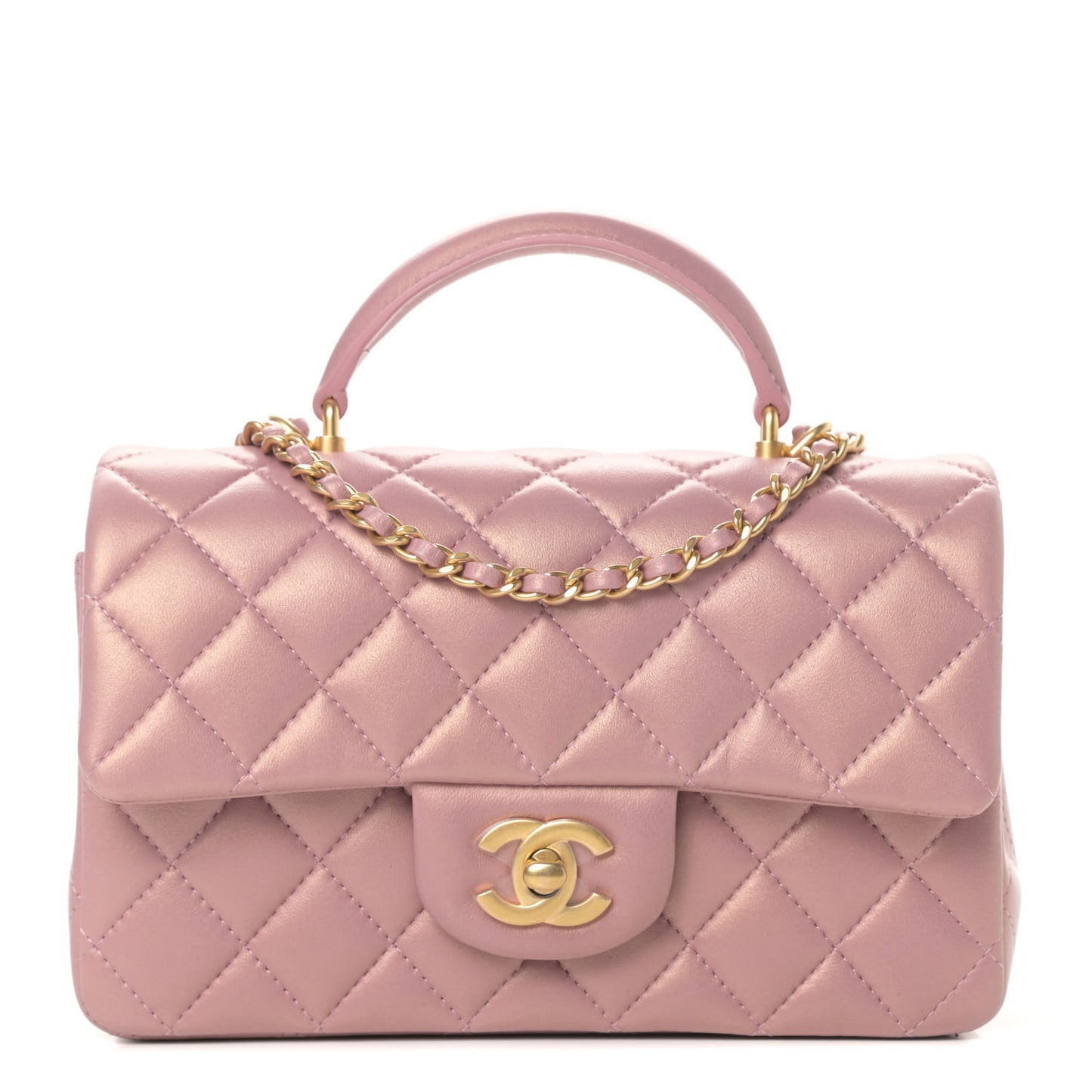 Iridescent Lambskin Quilted Mini Top Handle Rectangular Flap Pink