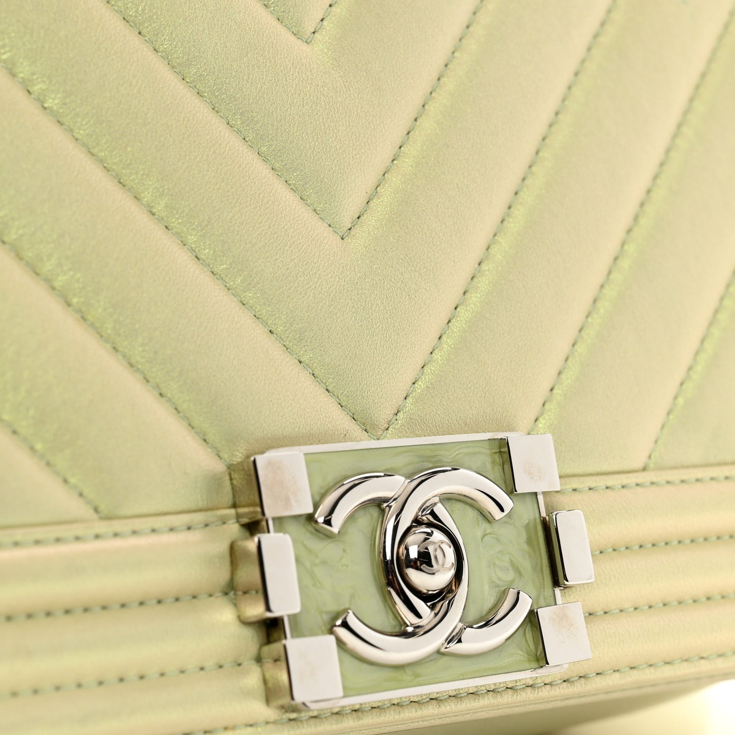 Iridescent Lambskin Chevron Quilted Medium Boy Flap Green