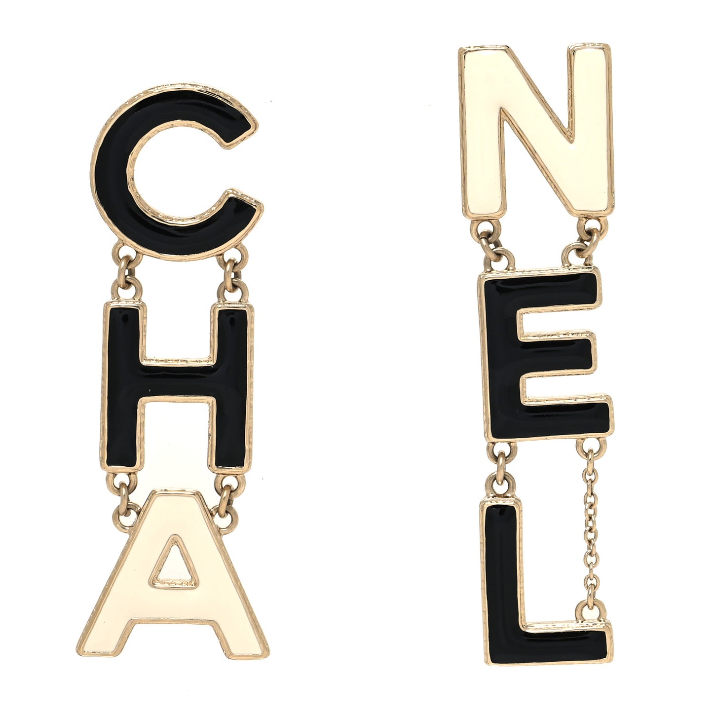 Metal Enamel Cha-Nel Logo Drop Earrings Black White