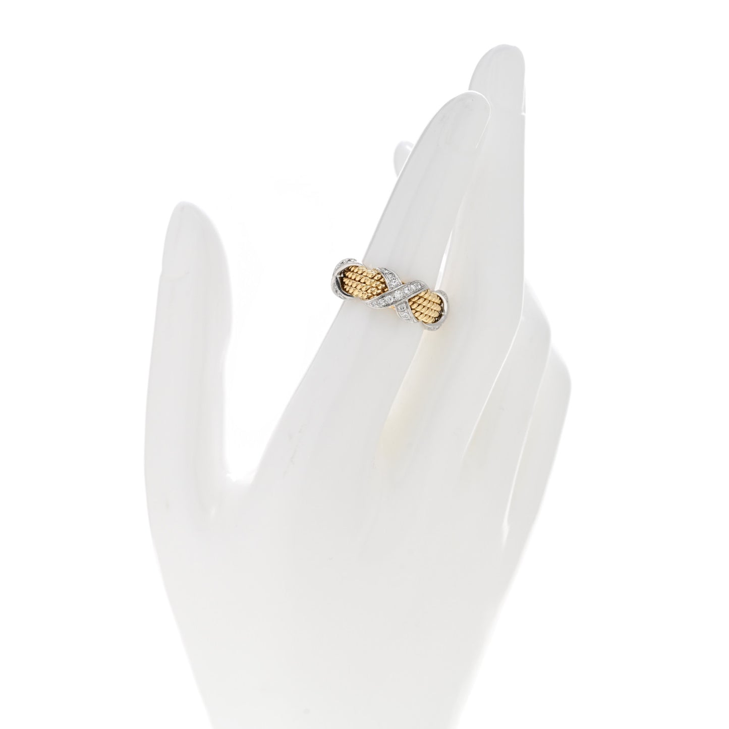 18K Yellow Gold Platinum Diamond Schlumberger Rope Four Row X Ring 50 5.25