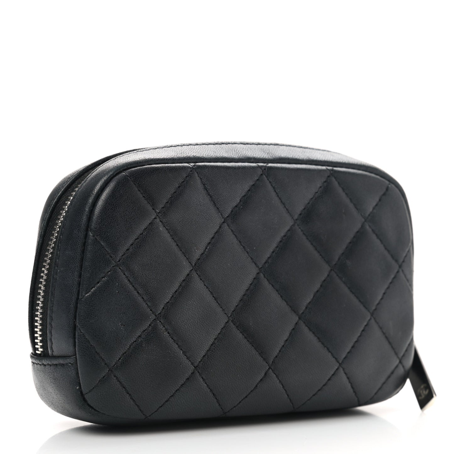 Lambskin Quilted Small Curvy Pouch Cosmetic Case Black