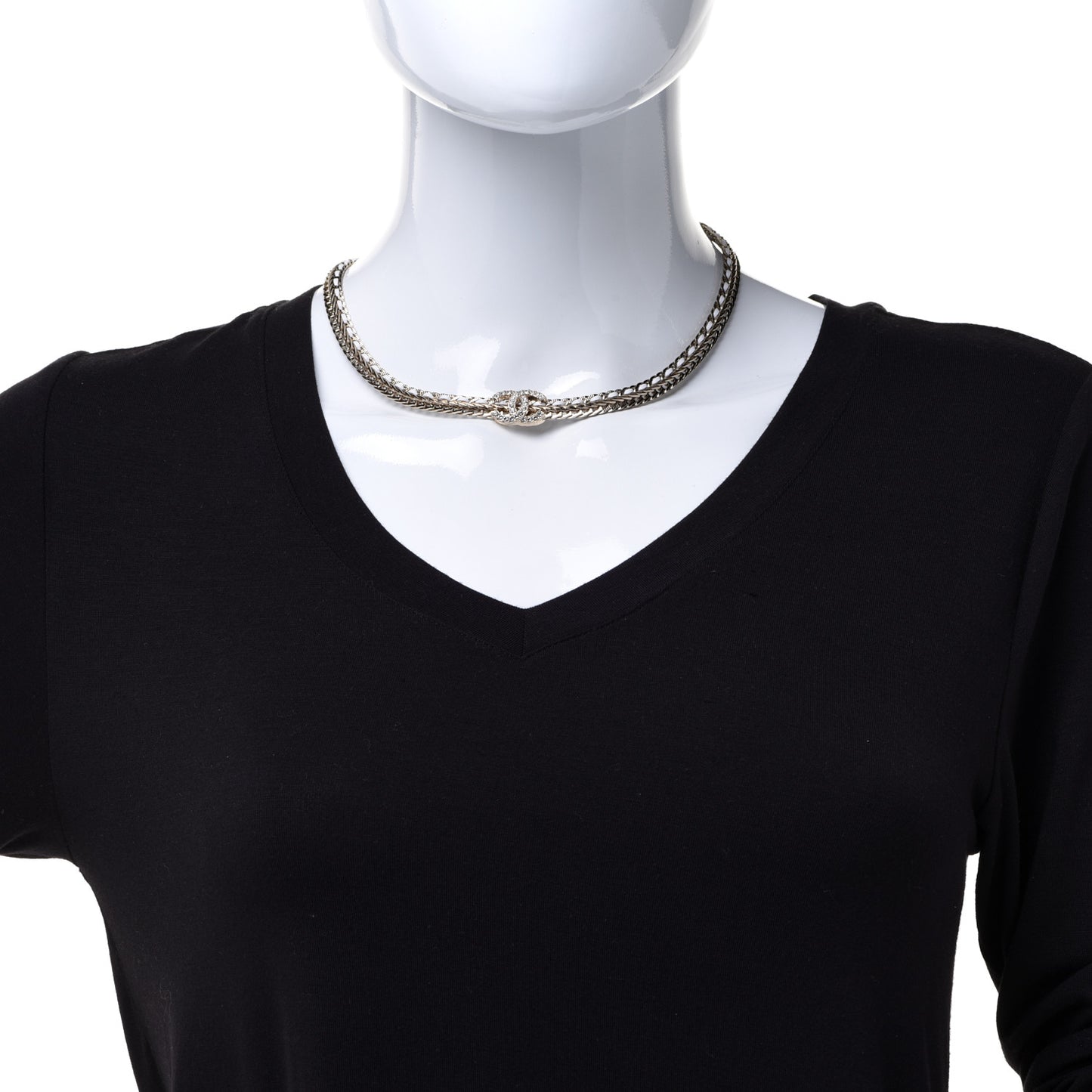 Metal Lambskin Crystal CC Choker Gold White