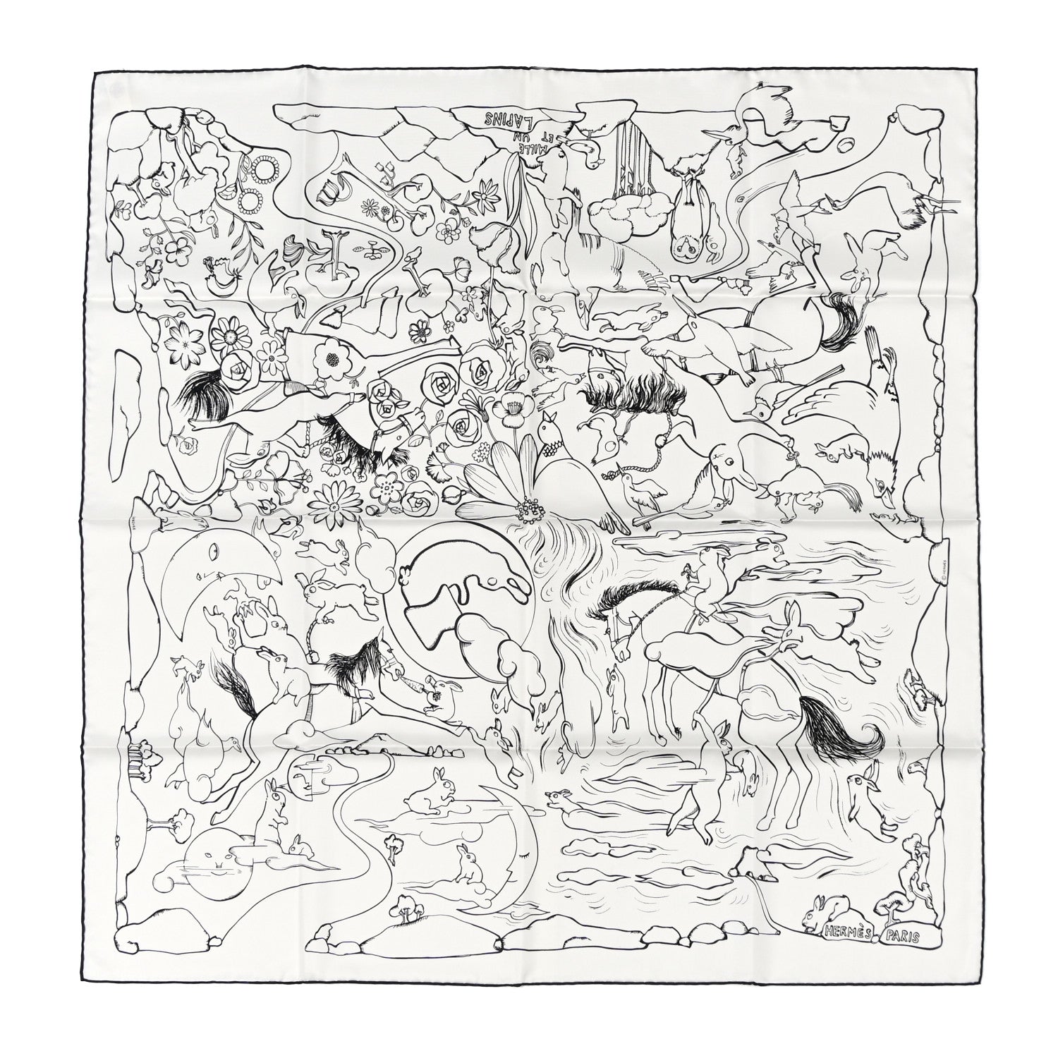 Hermes Silk Mille Et Un Lapins Scarf 90 White Black 1477505