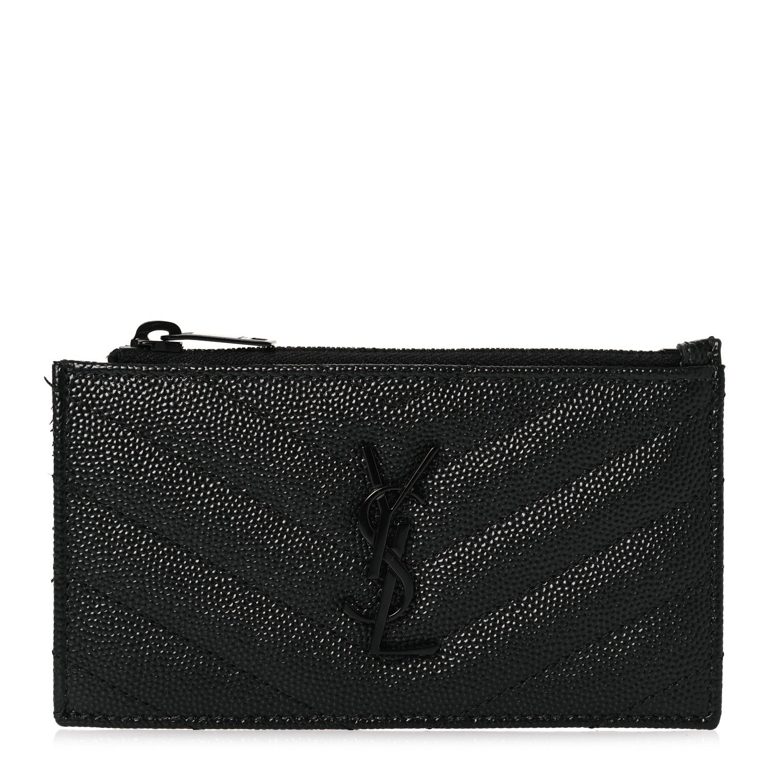 Saint Laurent Grain De Poudre Matelasse Chevron Monogram Fragments Zippered Card Case Black 1 of 8