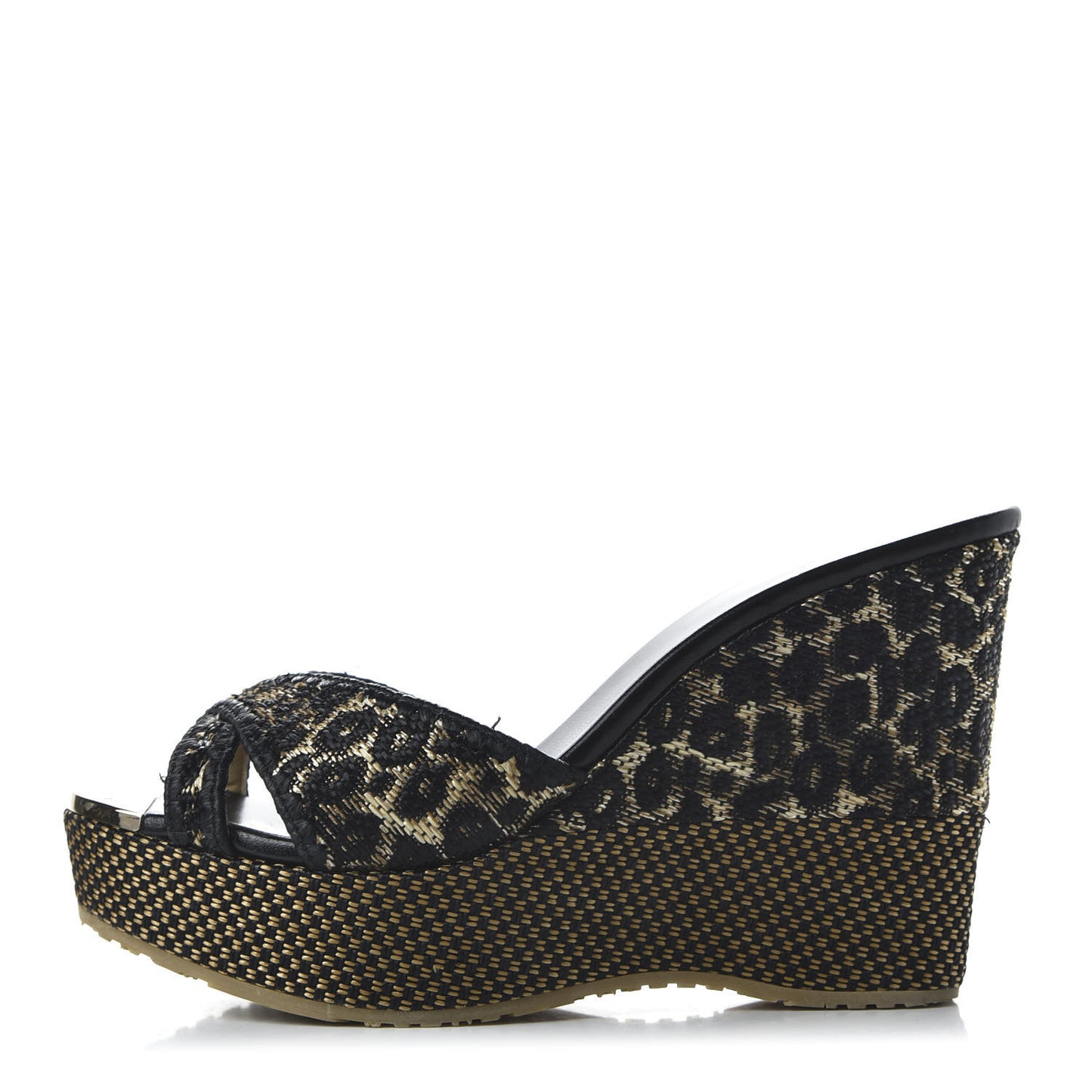 Woven Raffia Leopard Print Perfume Wedge Sandals 39.5 Natural Black