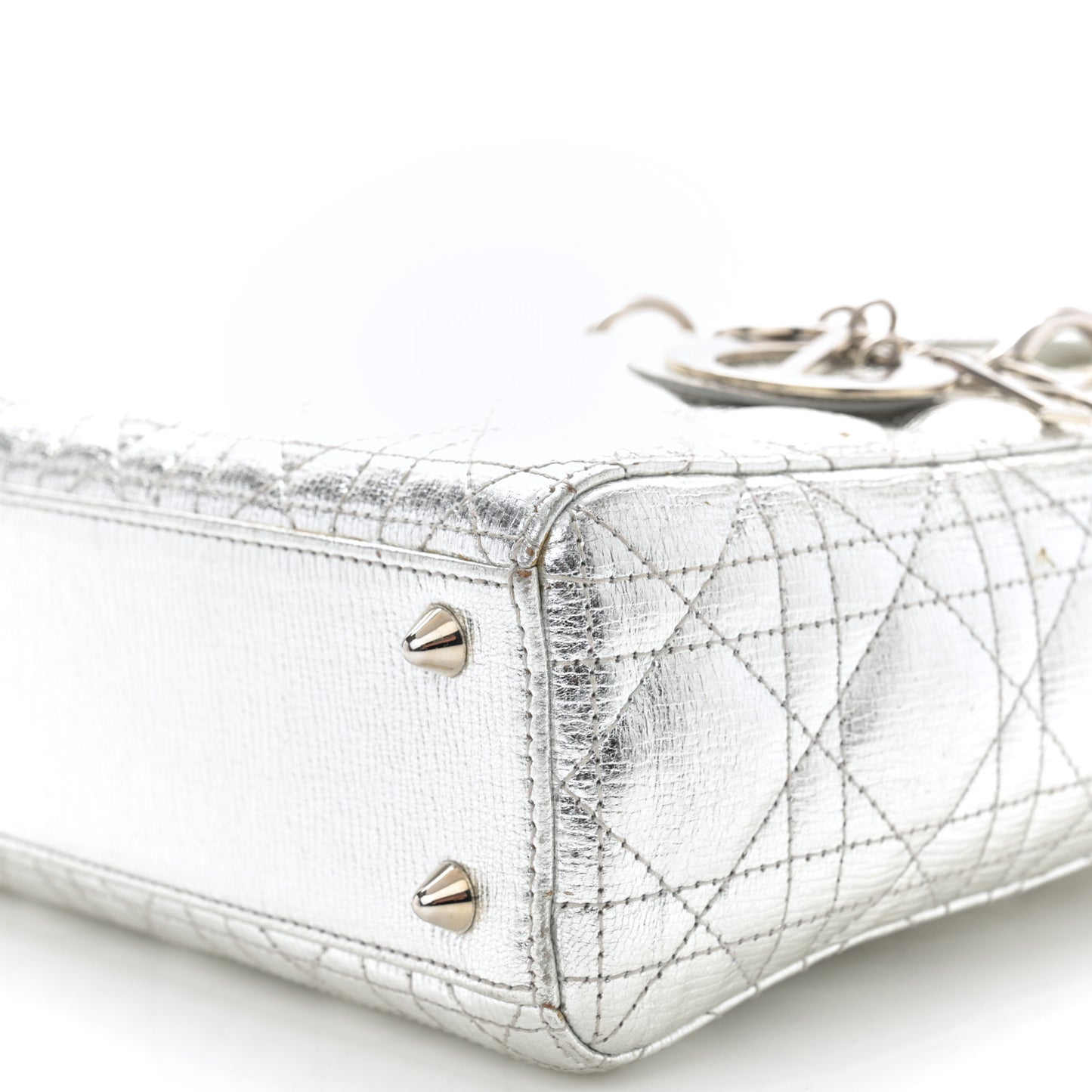 Metallic Lambskin Cannage Small Lucky Badges Lady Dior Silver