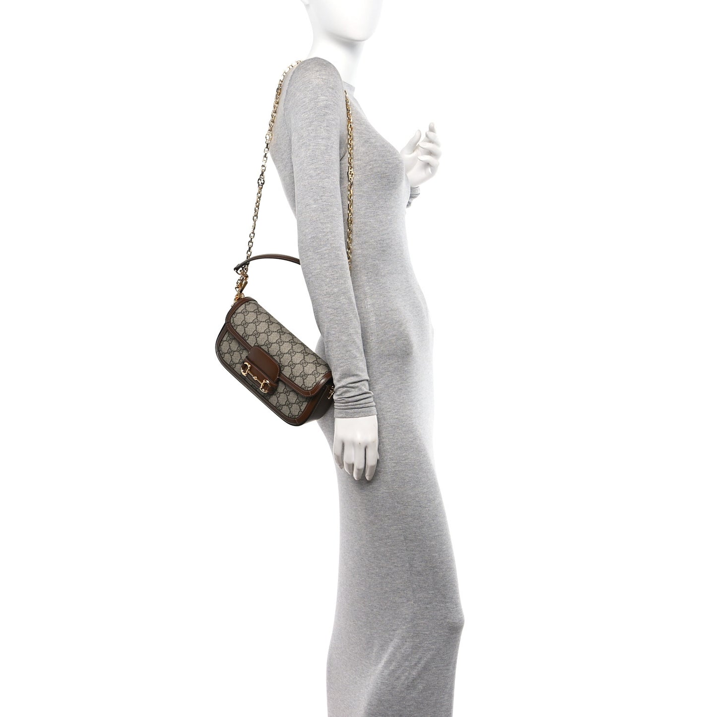 GG Supreme Monogram Small Horsebit 1955 Chain Shoulder Bag Beige Ebony Brown Sugar
