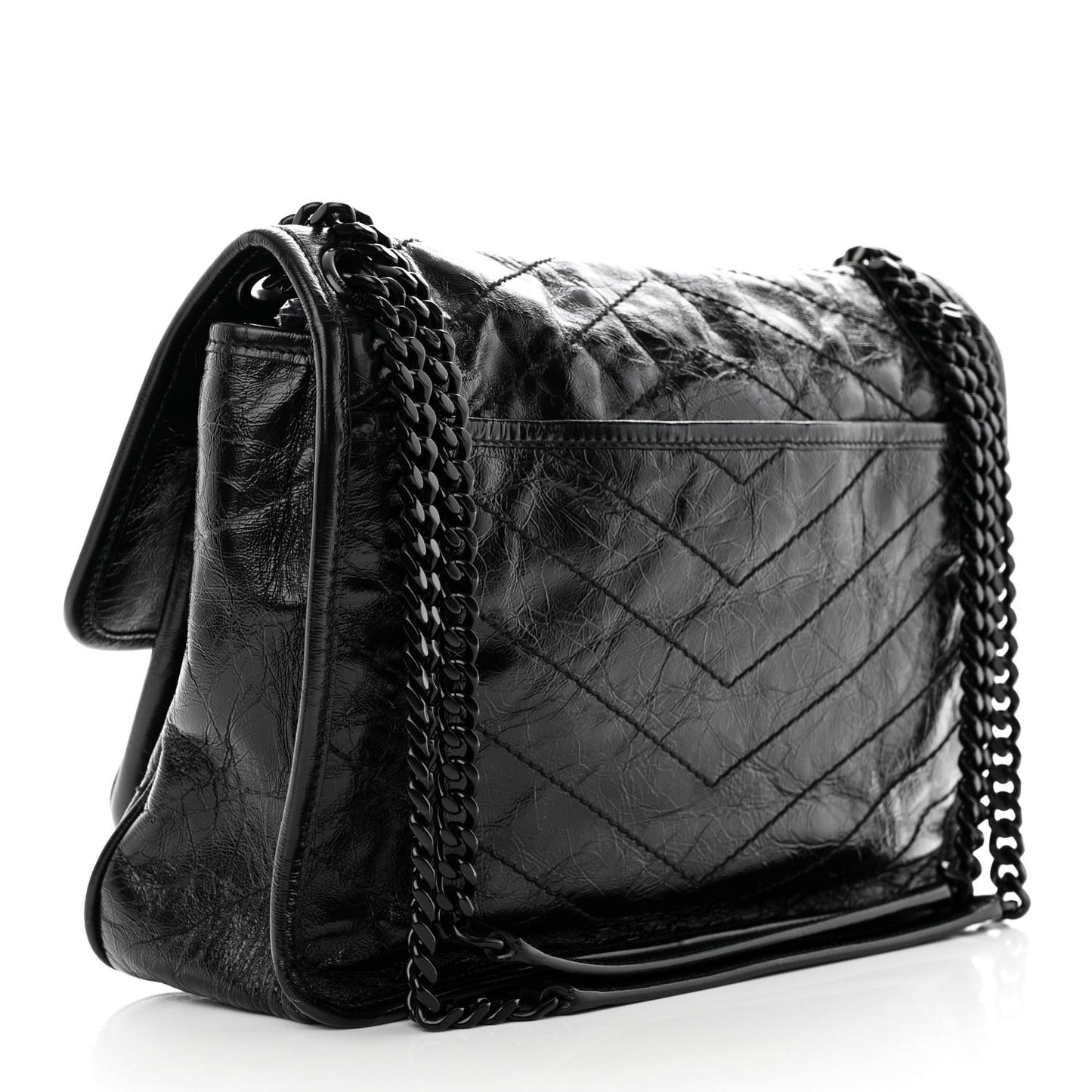 Crinkled Calfskin Matelasse Monogram Medium Niki Chain Satchel Black