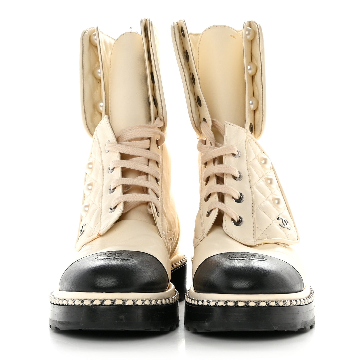 Lambskin Pearl Chain CC Combat Boots 38 Ivory Black