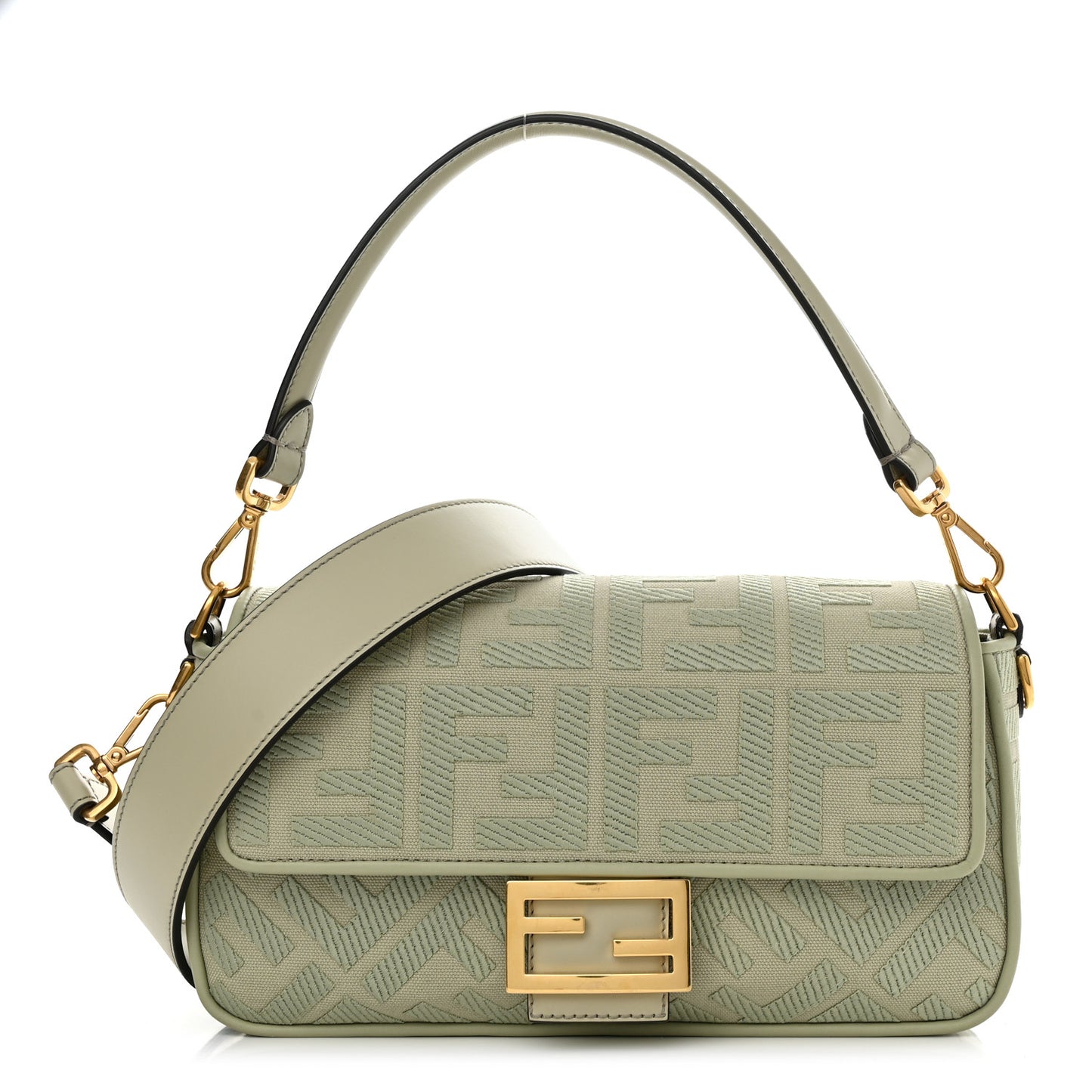 Canvas Vitello King FF Embroidered Baguette Green Tea