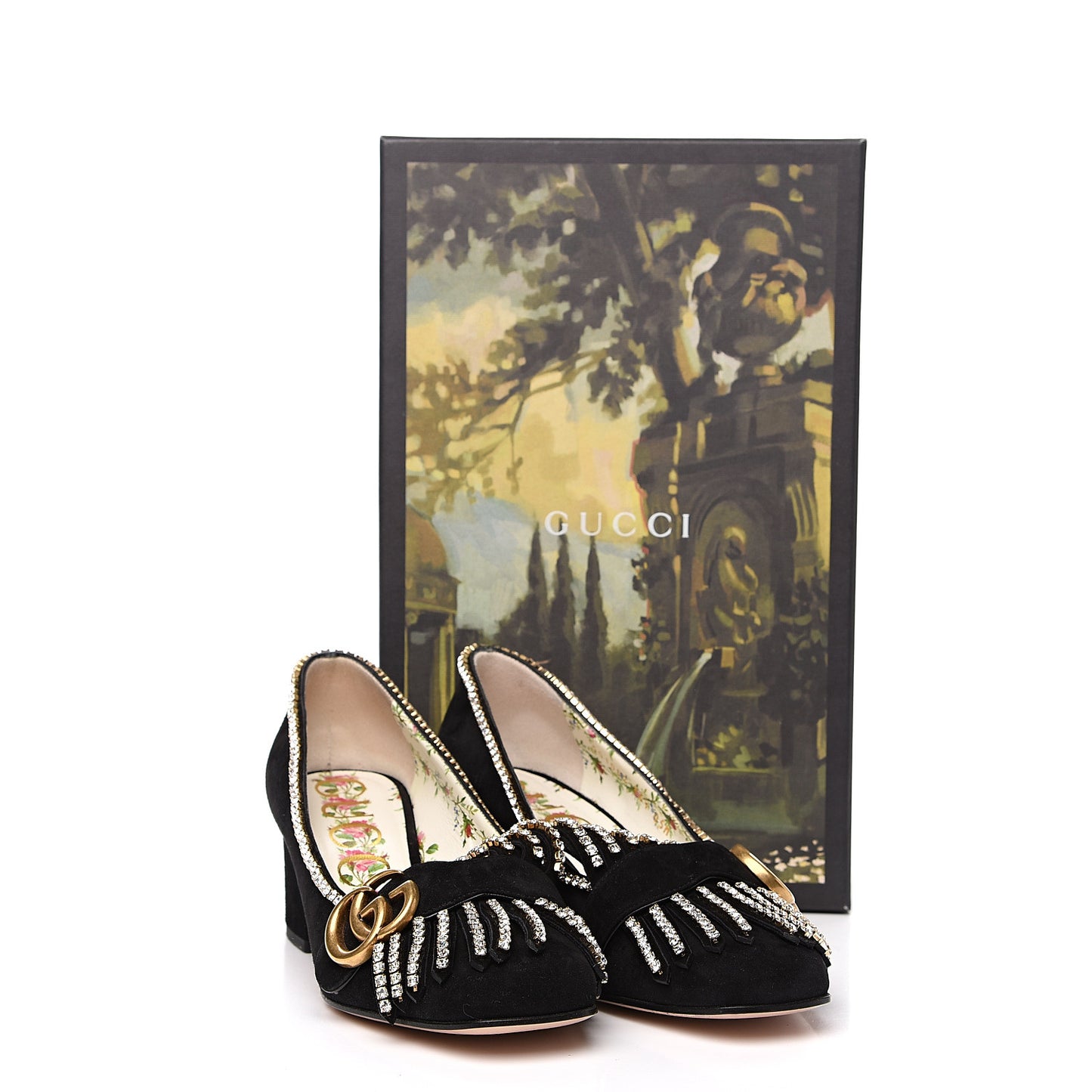 Kid Scamosciato Crystal GG Marmont Fringe 50mm Loafer Pumps 36.5 Black