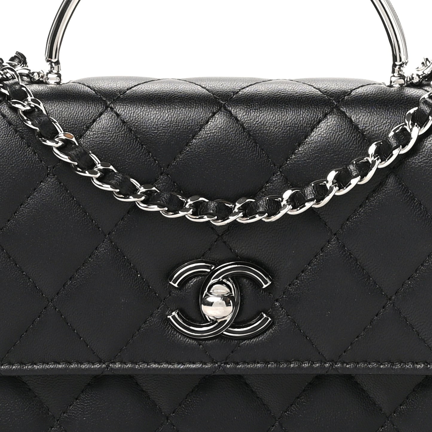 Lambskin Quilted Metal Top Handle Crossbody Flap Black