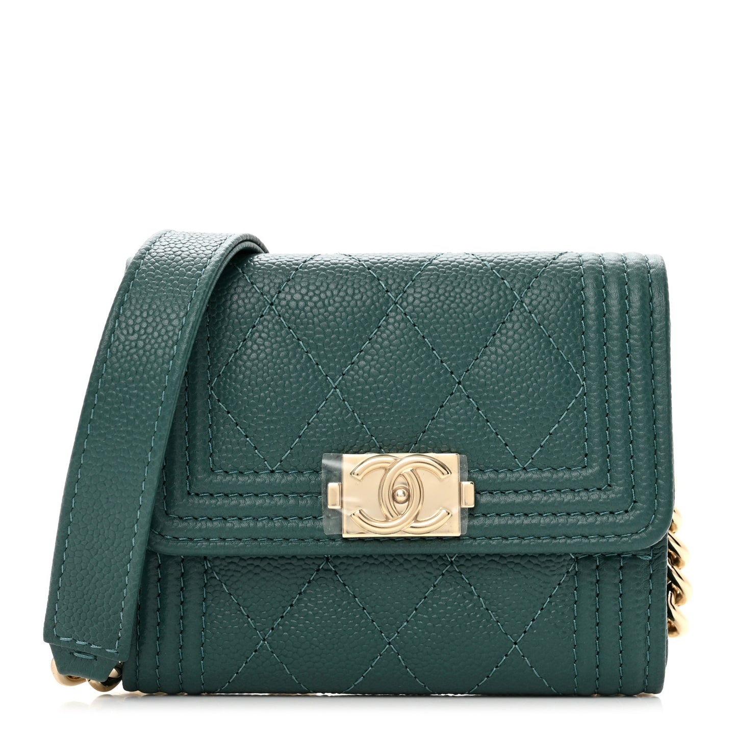 Caviar Quilted Boy Card Holder On Chain Green