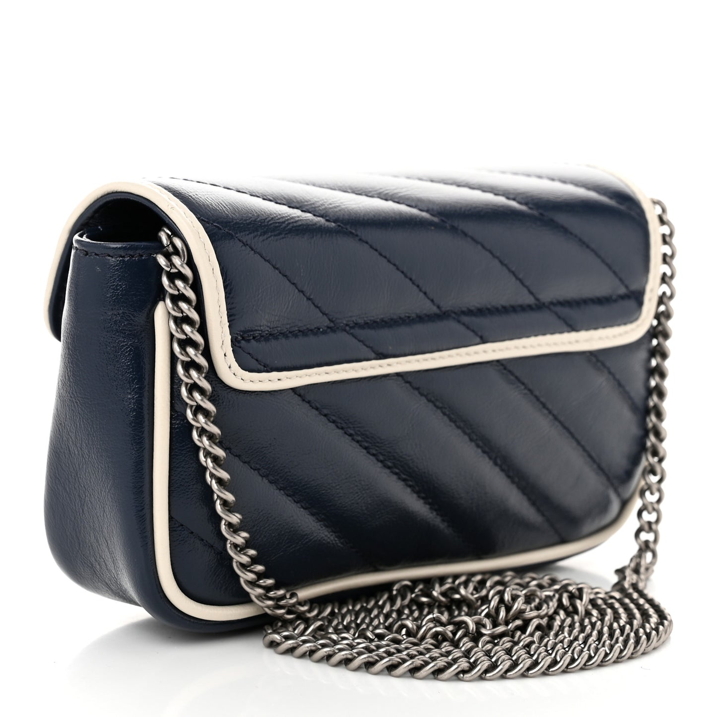 Vintage Effect Calfskin Matelasse Diagonal Super Mini Torchon GG Marmont Shoulder Bag Blue Agata Mystic White
