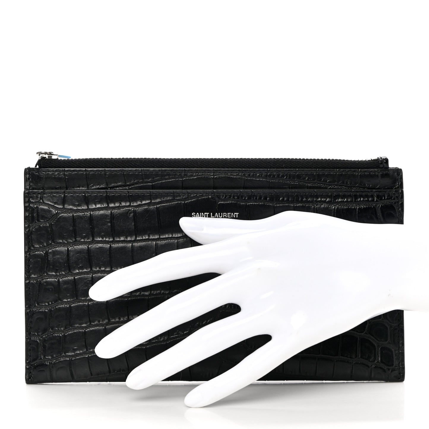 Calfskin Crocodile Embossed Zip Pouch Black